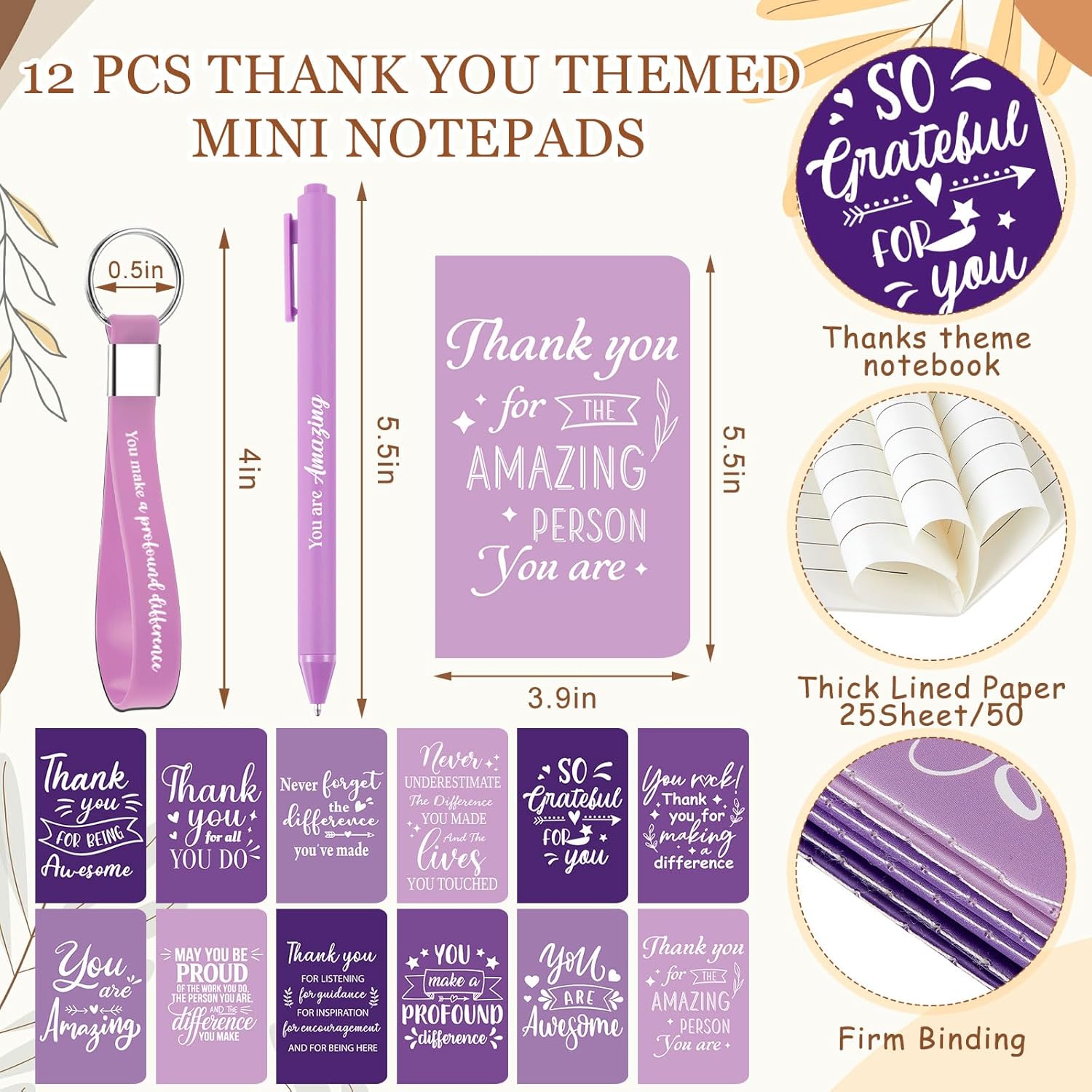 12 Sets / 48 Pcs Inspirational Appreciation Gifts Thank You for Coworkers, 24 oz Plastic Cup with Lid Straw Notebooks Ballpoint Pens Keychain Associate Appreciation Gifts (Purple) - Image 3