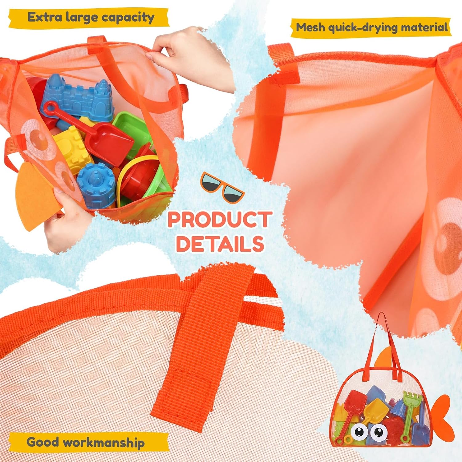 3 Pcs Fish Shaped Mesh Bag for Beach Toys Shell Collecting Bags Sand Toys for Beach Tools Kids Picking up Shells, 3 Colors image 3