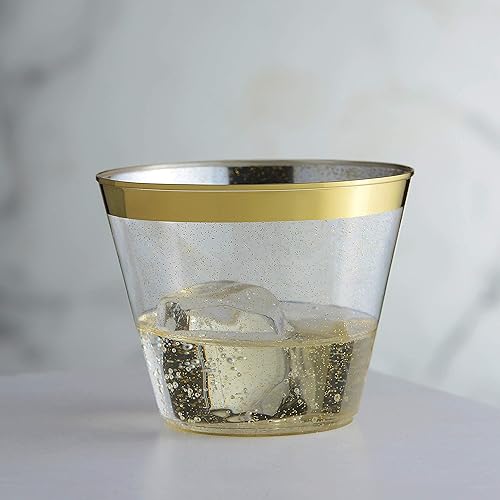 Miniatura 5 de Paquete de 100 vasos de plástico de 9 onzas con purpurina dorada con borde dorado, tazas de fiesta de alta calidad, elegantes y resistentes, bodas,