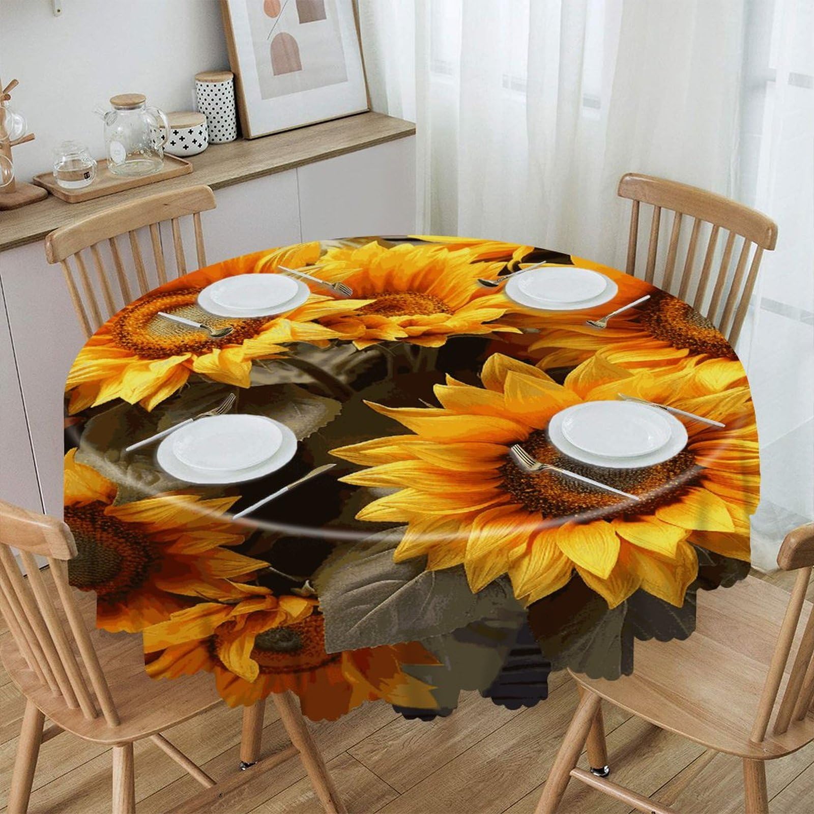 FekiLoot Plants Theme Sunflower Round Tablecloths 60 Inch Resistant Washable Polyester Table Cloth Style Decorative Circle Fabric Table Cover for Dining Kitchen Party Farmhouse Outdoor