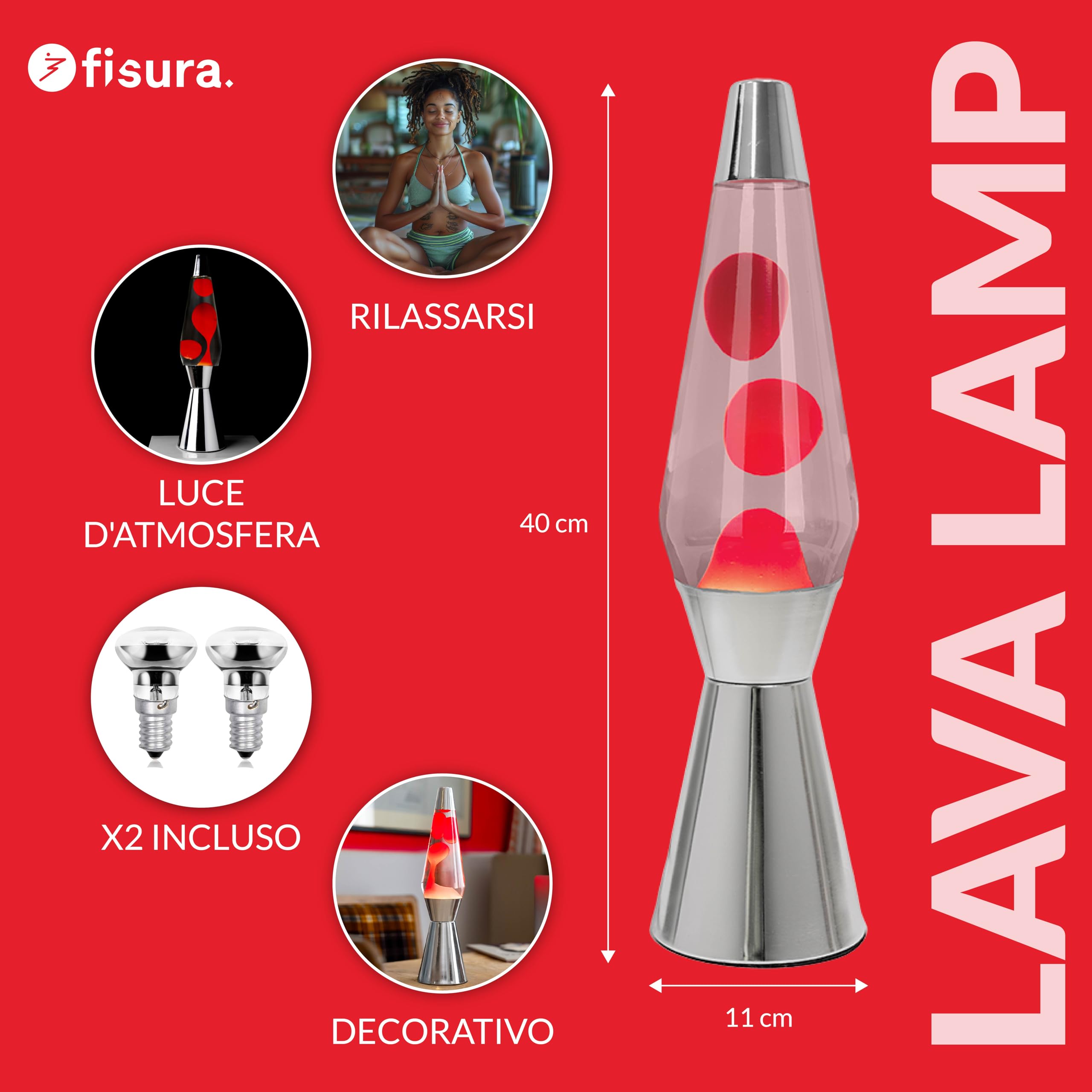 Fisura - Lampada lava rossa con base cromata, cera rossa e liquido trasparente. Design retrò con lampadina di ricambio. Dimensioni: 11,5 cm x 11,5 cm x 40 cm.