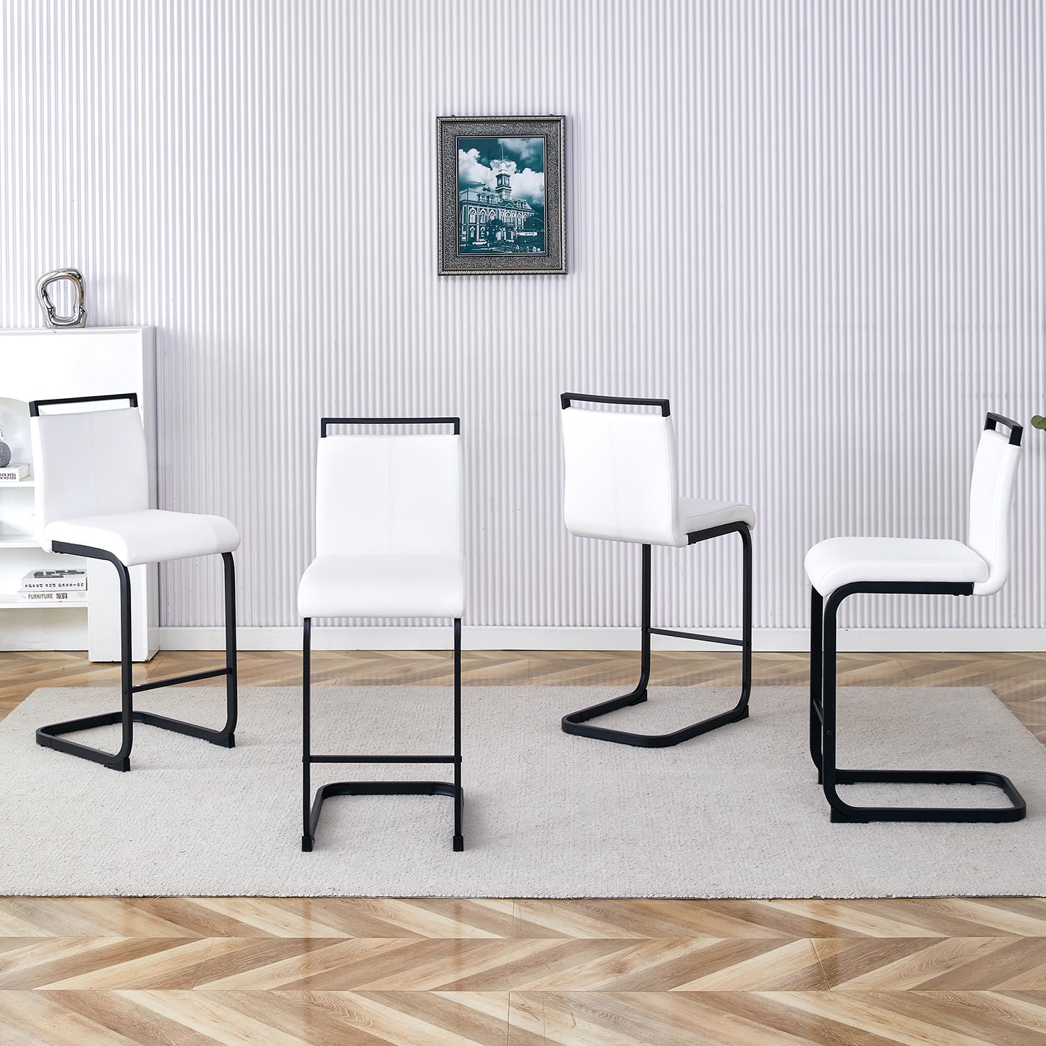 gopop Bar Stools Set of 4,Counter Height Bar Stools with Backs,White Faux Leather Kitchen Stools with Black Powder Coated Metal Legs,High Dining Chair