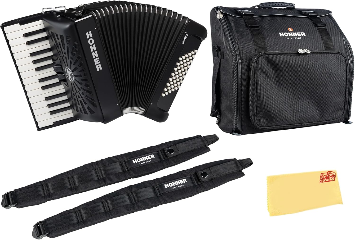 Hohner Bravo II 48 Chromatic Piano Key Accordion - Black Bundle with Hard Case, Gig Bag, Adjustable Straps, and Austin Bazaar Polishing cloth