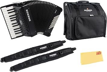 Hohner Bravo II 48 Chromatic Piano Key Accordion - Black Bundle with Gig Bag, Adjustable Straps, and Austin Bazaar Polishing Cloth