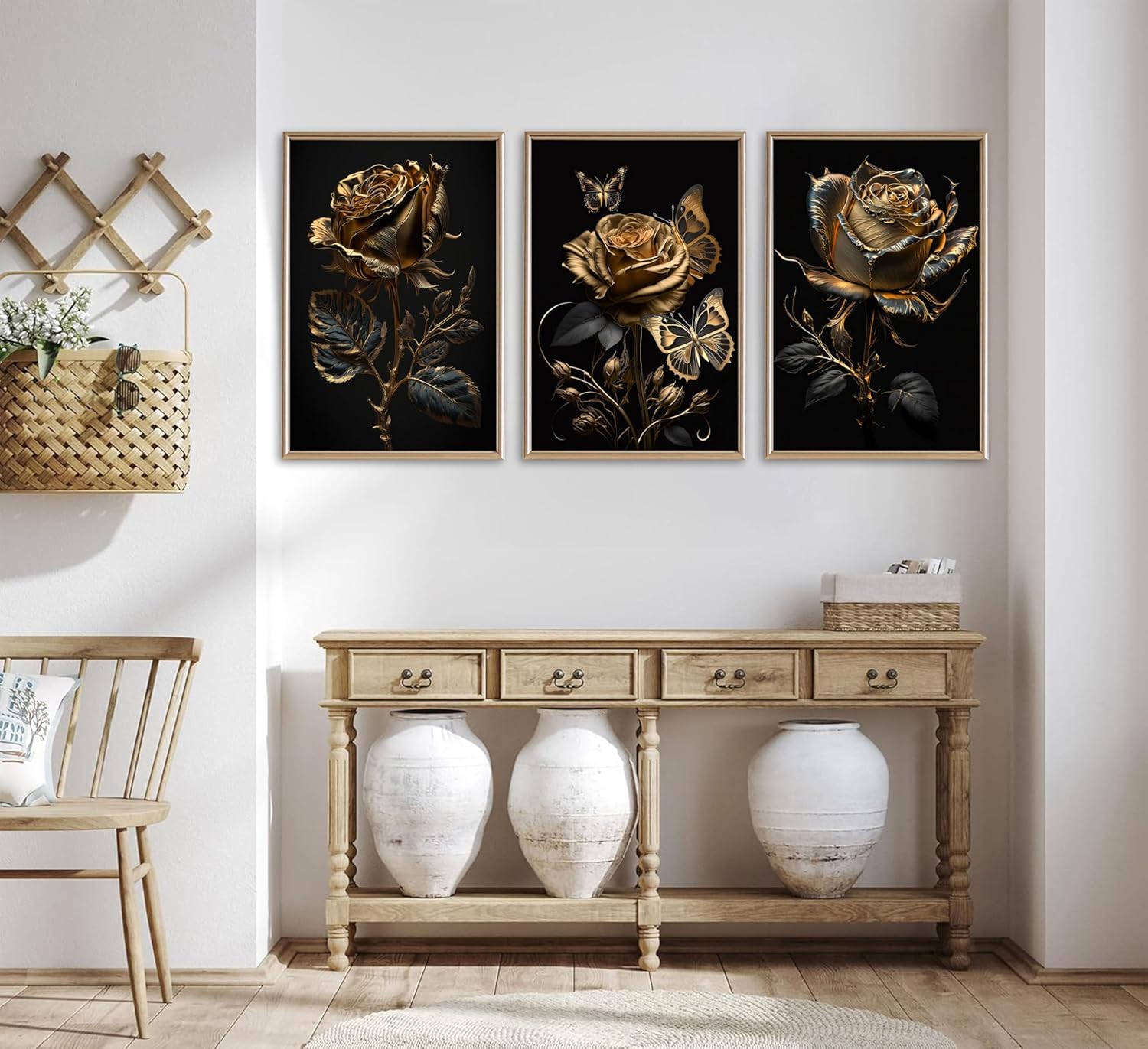 3pcs Black And Gold Rose Wall Art Abstract Plant Flowers Posters Prints Modern Floral Pictures Black Rose And Gold Leaf Canvas Wall Decor for Living Room Bedroom Bathroom Office Decoration Painting