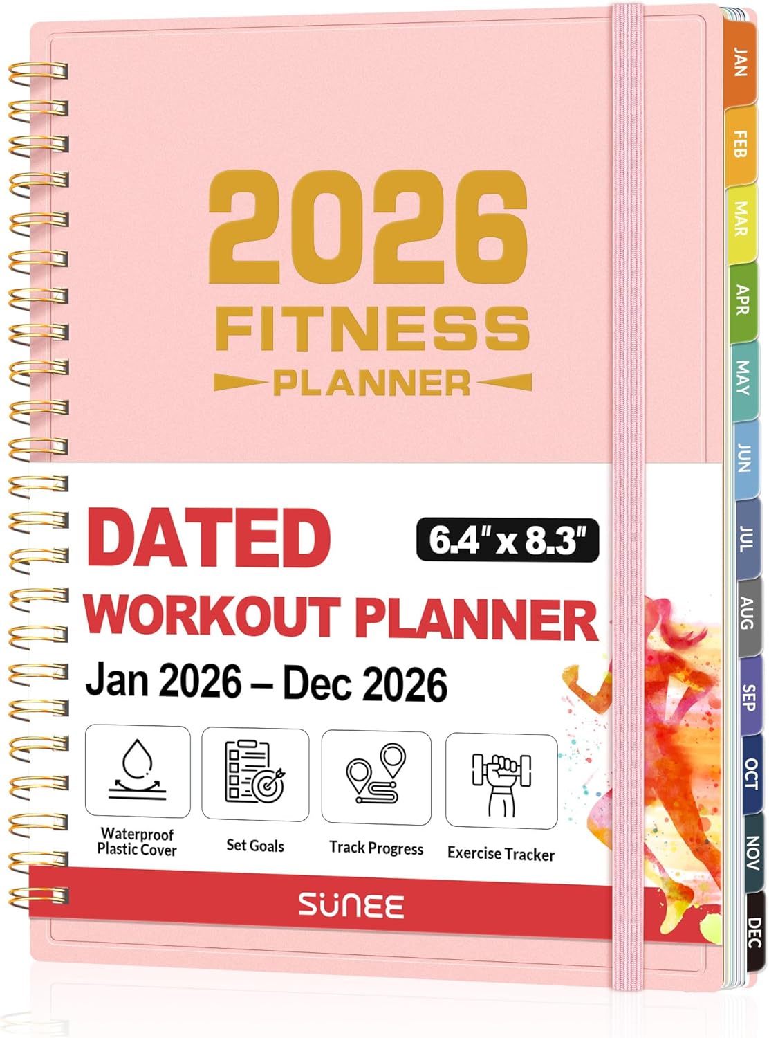2026 Fitness Workout Journal Planner for Women & Men, JAN 2026 – DEC 2026 Exercise Planner, 6.4″ x 8.3″ Workout Calendar Journal Essentials Gift for Goals, Tracking, Gifts with PVC Plastic Cover, Pink