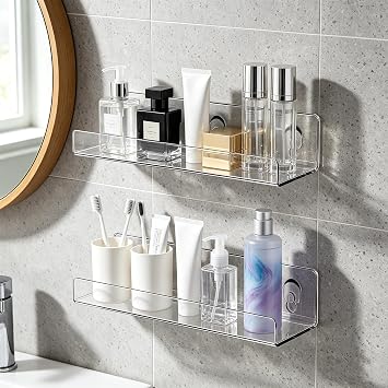 JiePai 15 Inch Clear Acrylic Floating Shelves 2 Pack - Heavy Duty Wall Mounted Nursery Bookshelf, Bathroom Organizer, Spice Rack - 2 Install Ways No-Drill Adhesive or Screw Mount