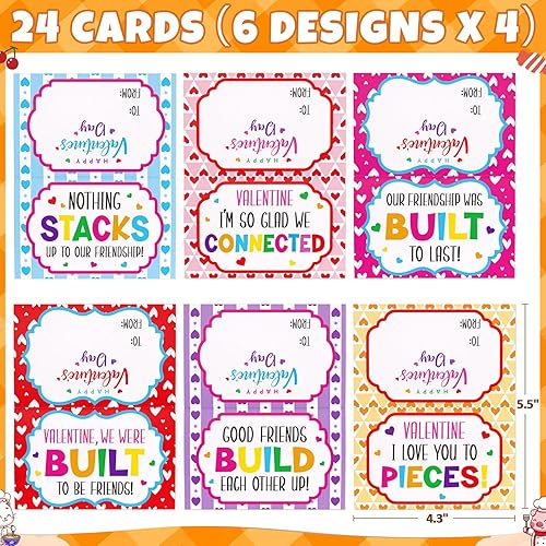 Miniatura 7 de Asoulin Regalos del día de San Valentín para niños, paquete de 24 tarjetas del día de San Valentín para niños, aula, escuela con juego de bloques de