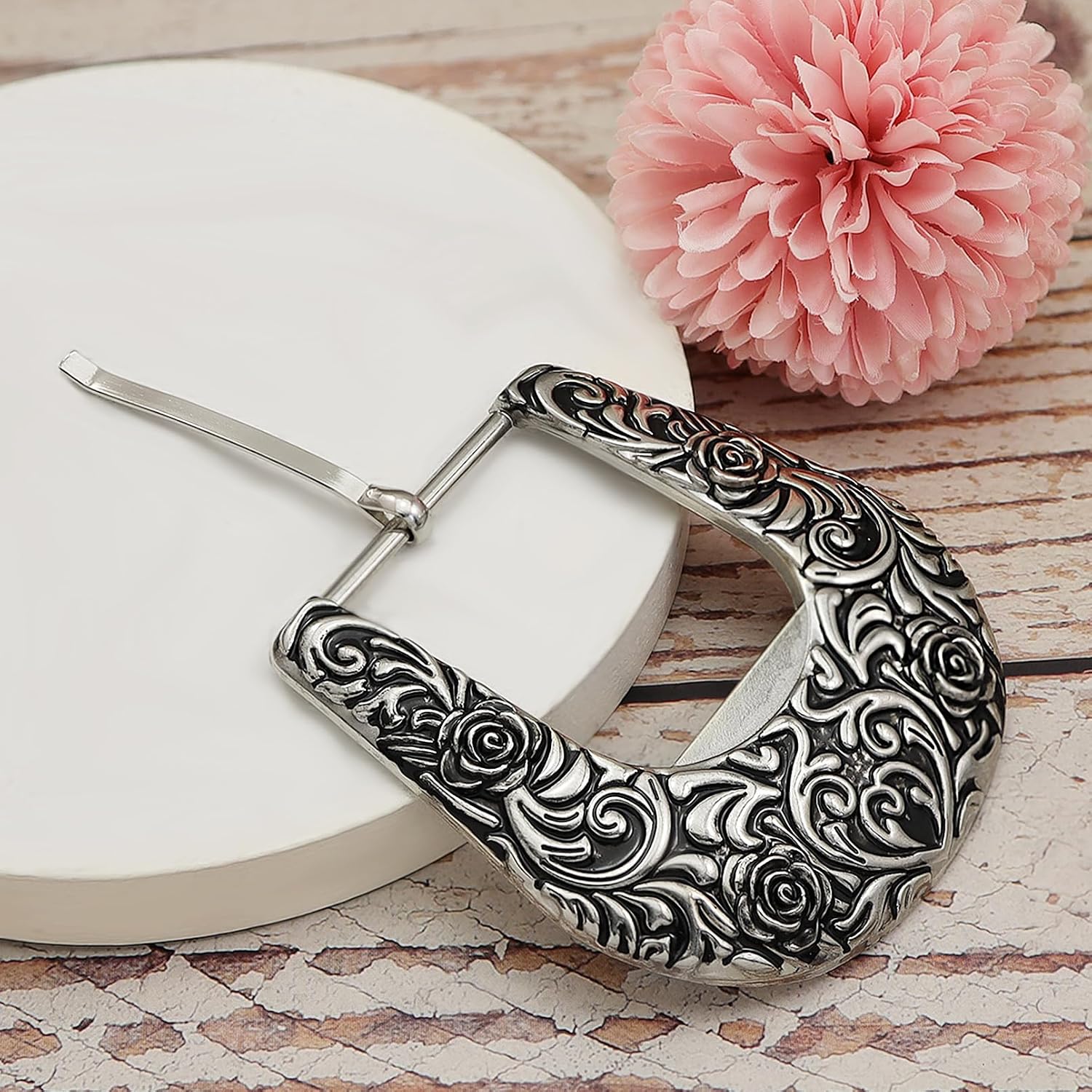 RechicGu Western Vintage Floral Engraved Belt Buckle 1.5"(40mm) Single Prong Simple Design Replacement Buckles for Men Women