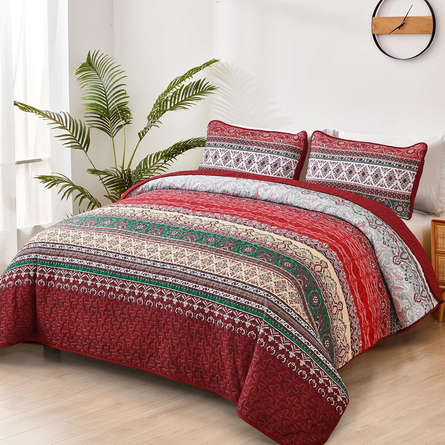 WONGS BEDDING Boho Queen Quilt Set, Red Bohemian Quilt Bedding Set, Lightweight Bed Decor Bedspread for All Season Reversible Microfiber Coverlet Bedding Set 96"x90"(3 Pieces) - Image 2