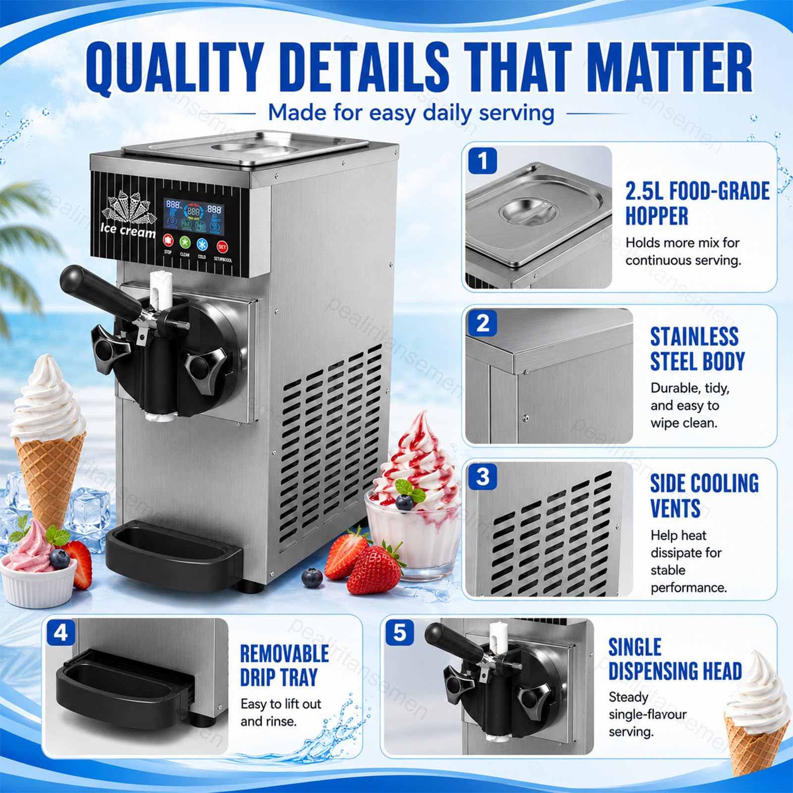 Macchina per Gelato Soft 450W, Gelatiera da Banco con Display LCD, Pre-Raffreddamento, Pulizia Automatica, Vasca 2,5L, Macchina Gelato Monogusto per Bar e Gelateria StainlessSteel
