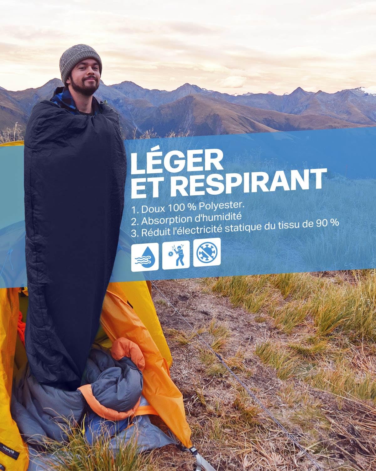 Drap de Sac de Couchage Double Avec Compartiment pour Oreiller, Microfibres Ultraléger, Séchage Rapide, Compact de Voyage 220 * 180CM, Bleu
