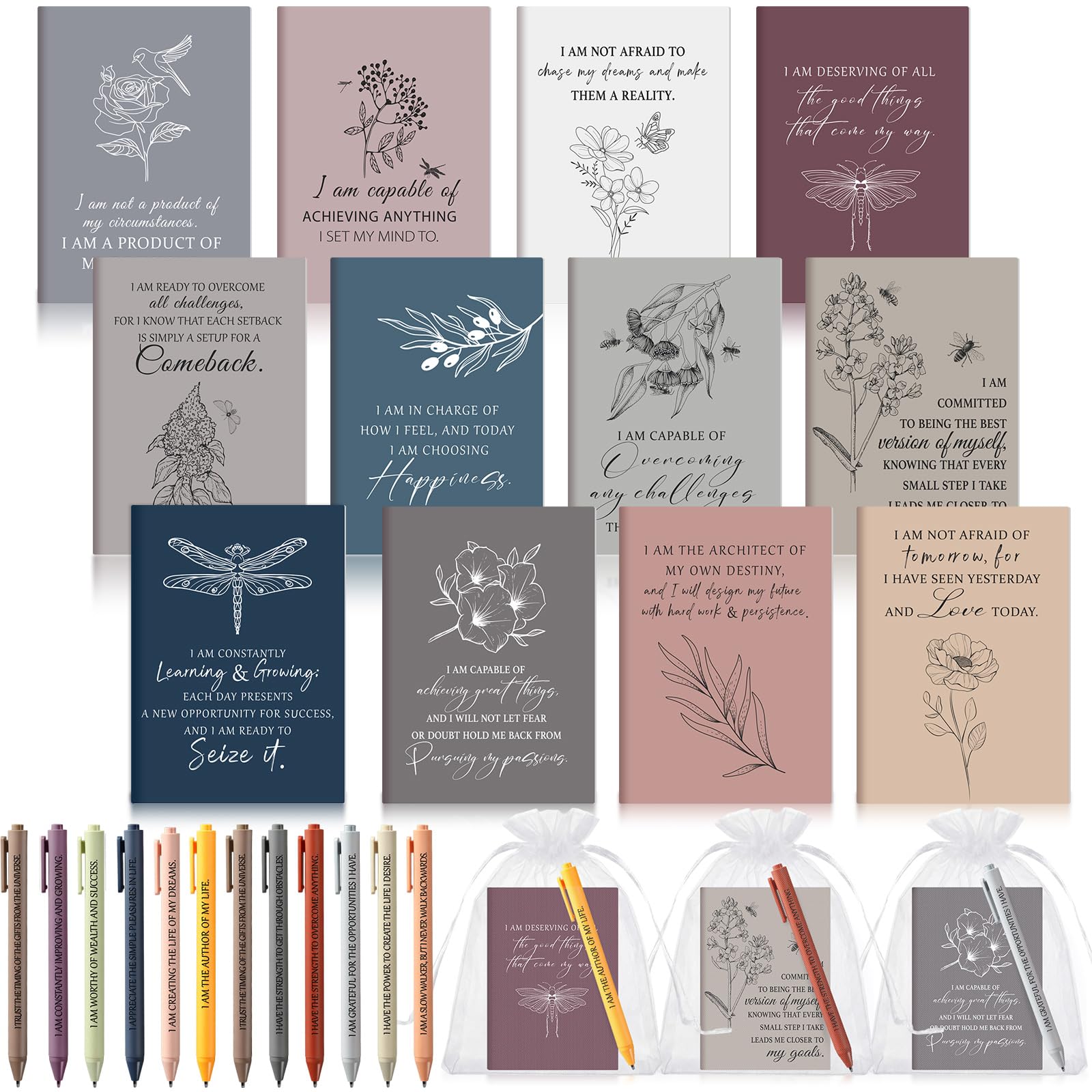 Mooliwe 24 Pcs Affirmation Notebooks Pens Bulk Gifts, Gratitude,Minimalist