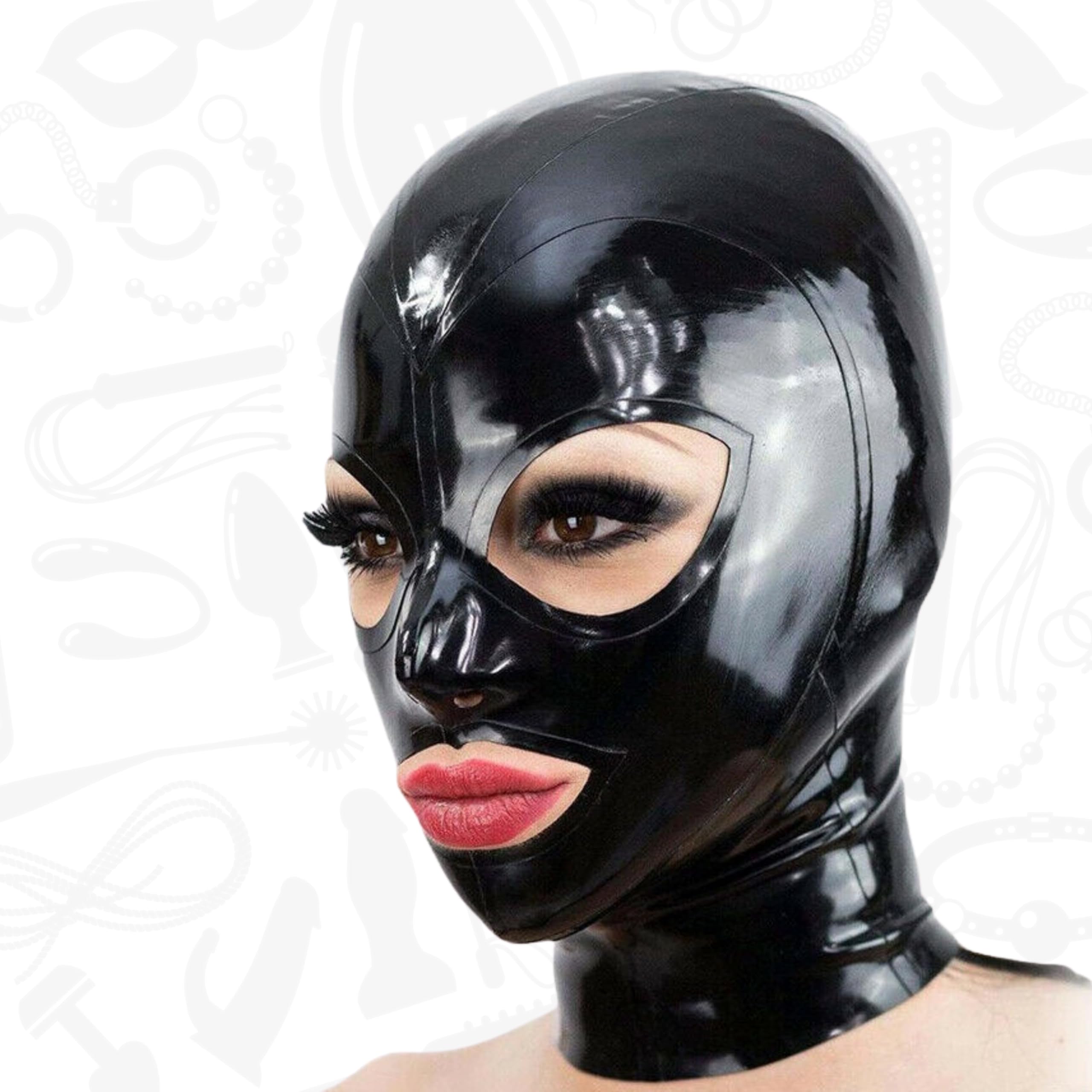 Fops Masque en Latex Sensuel XL Noir – Cagoule Intégrale Yeux et Bouche Ouverts, Extensible et Brillant pour BDSM, Jeux de Rôle et Contrôle B23-8