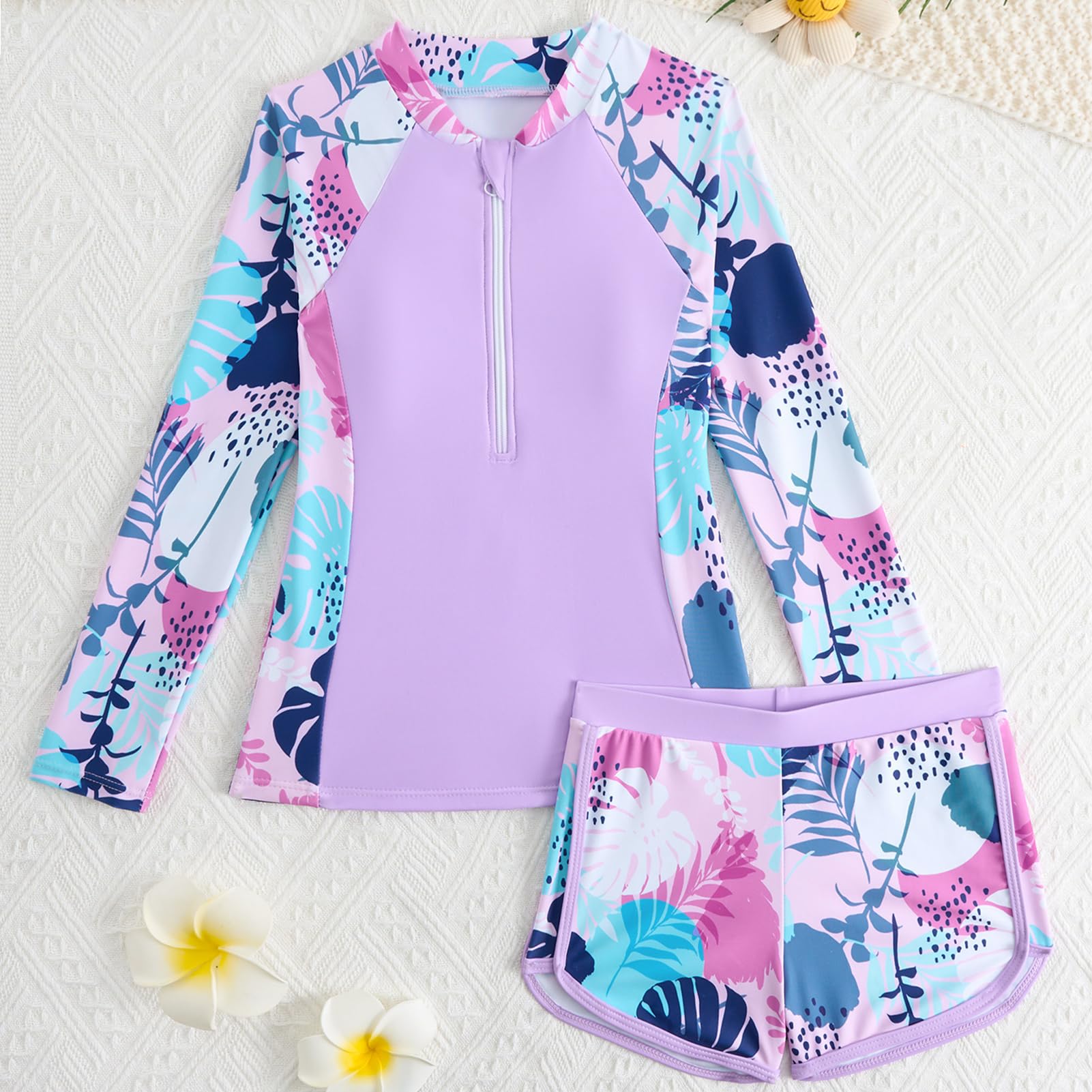 Conjunto de camiseta de manga larga UPF 50+ y pantalones cortos para niñas, traje de baño de 2 piezas para adolescentes y adolescentes, protección UV, secado rápido, traje de playa de verano