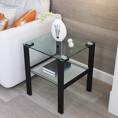 Miniatura 3 de AVGVLIJ Double Coffee Table, Tempered Glass, Small Coffee Table, Square Glass Coffee Table, Metal Legs, Black