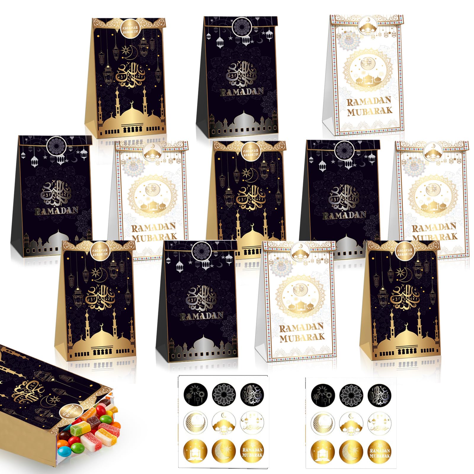 12Pcs Ramadan Mubarak Party Bags Paper Gift Bag,Small Black Gold Kraft Sweet Goodie Treats Candy Bag with 18 Sticker for Home Eid Mubarak Decorations Islamic Muslim Ramadan Kareem Party Favour Bags