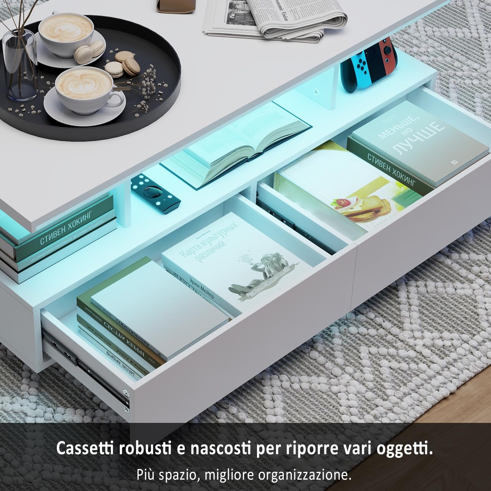 YU YUSING Tavolino Salotto Moderno con 2 Cassetti, Tavolino da Caffè con 2 Ripiani, Coffee Table, 60000 Colori di Luce Regolabili, Telecomando, Controllo tramite App, Modalità Musicali, Bianco