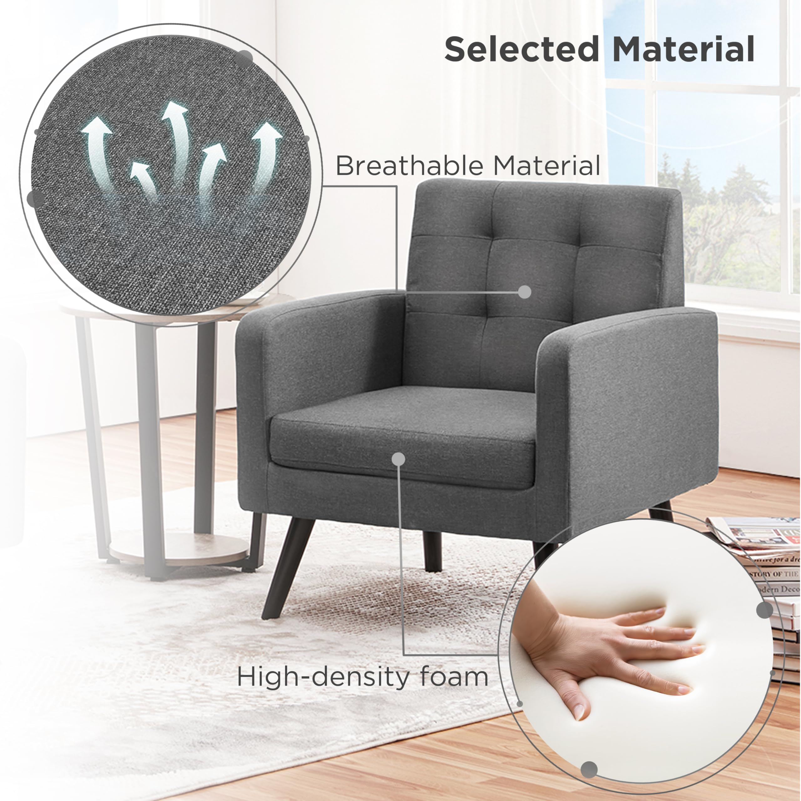 Yaheetech Ohrensessel Sessel mit Armlehnen, Lounge-Sessel Relaxsessel mit getufteter Rückenlehne, Modern Sessel bis136 KG belastbar, für Wohnzimmer, Schlafzimmer, bis136 KG belastbar, Grau