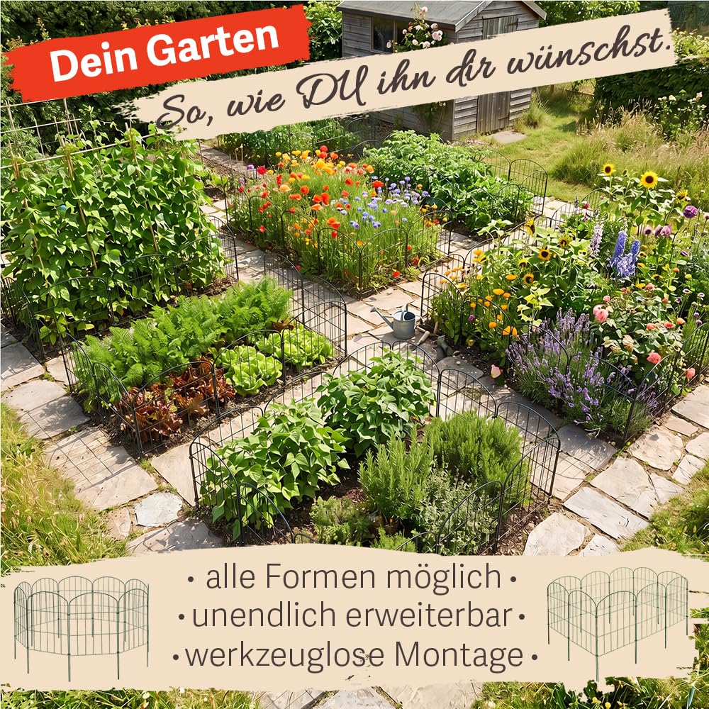 Zaun Gartenzaun Steckzaun Hundezaun Teichzaun für Garten Teich 10 Zaunelemente 43 cm hoch Metall Gitterzaun Oberbogen V2Aox, Schwarz