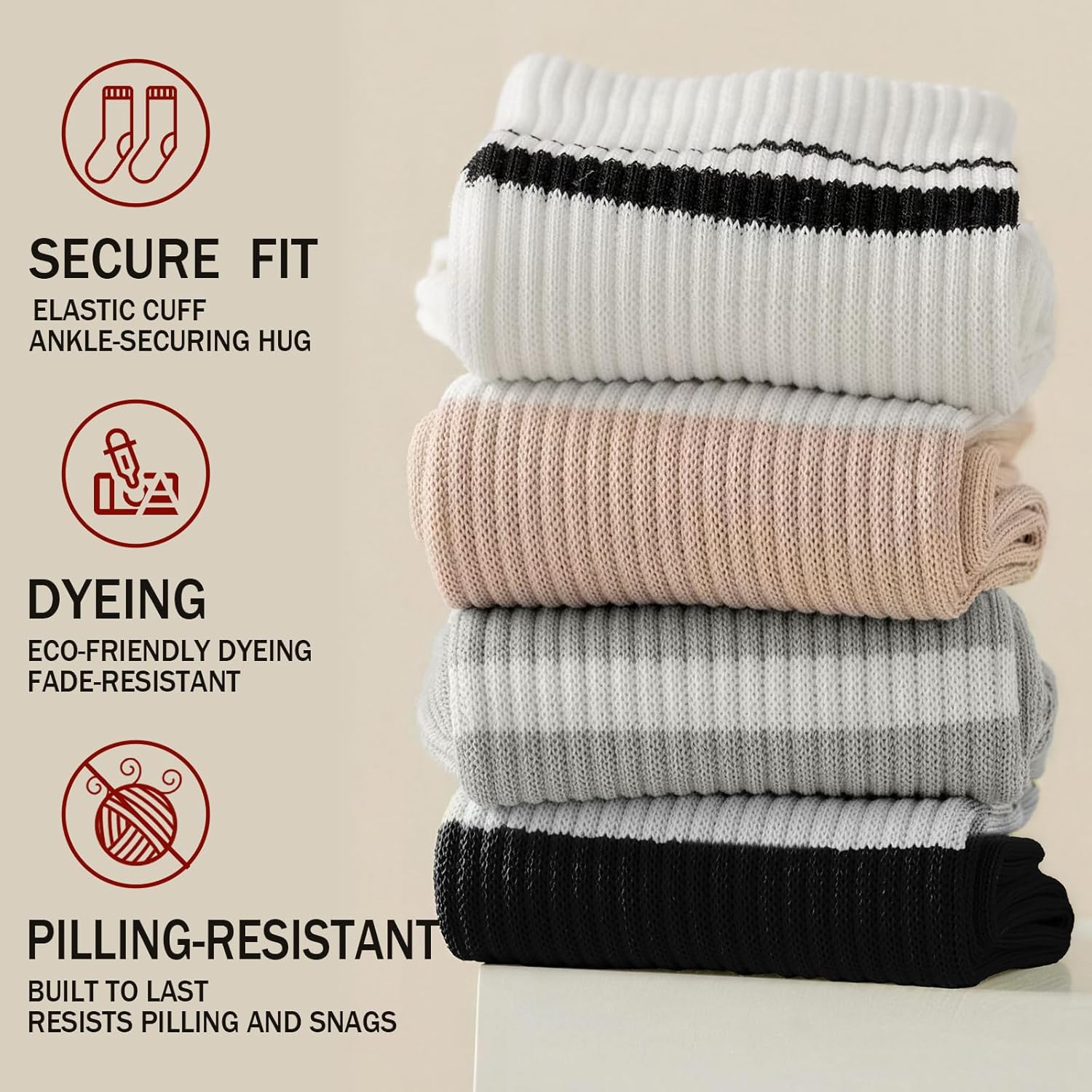 4Pairs Women Striped Cotton Crew Socks, Athletic Running Socks for Sport, Home,Office, School, Size 6-9 - Image 3