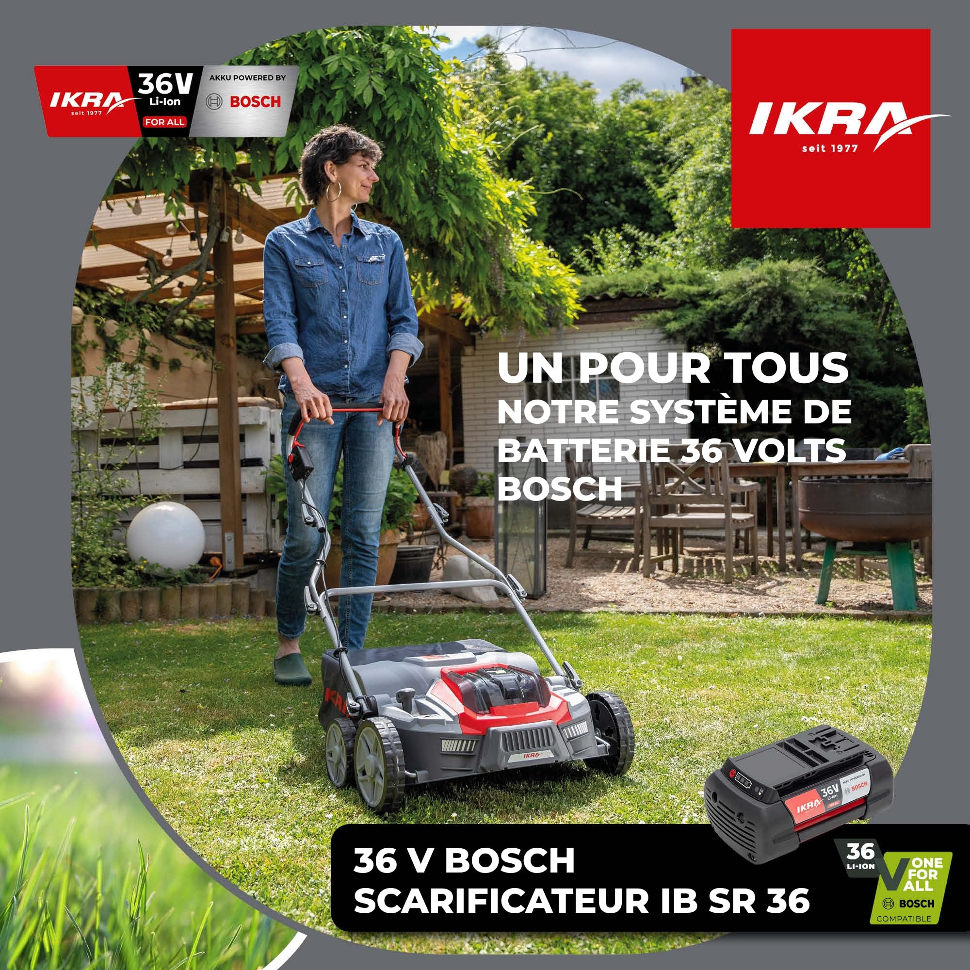 IKRA scarificateur-aérateur IB-SR 36, sans batterie 36 V ni chargeur | Compatible avec Bosch, bac de ramassage 45 l, largeur 36 cm, hauteur de coupe de -12 à +10 mm, poignée réglable en hauteur