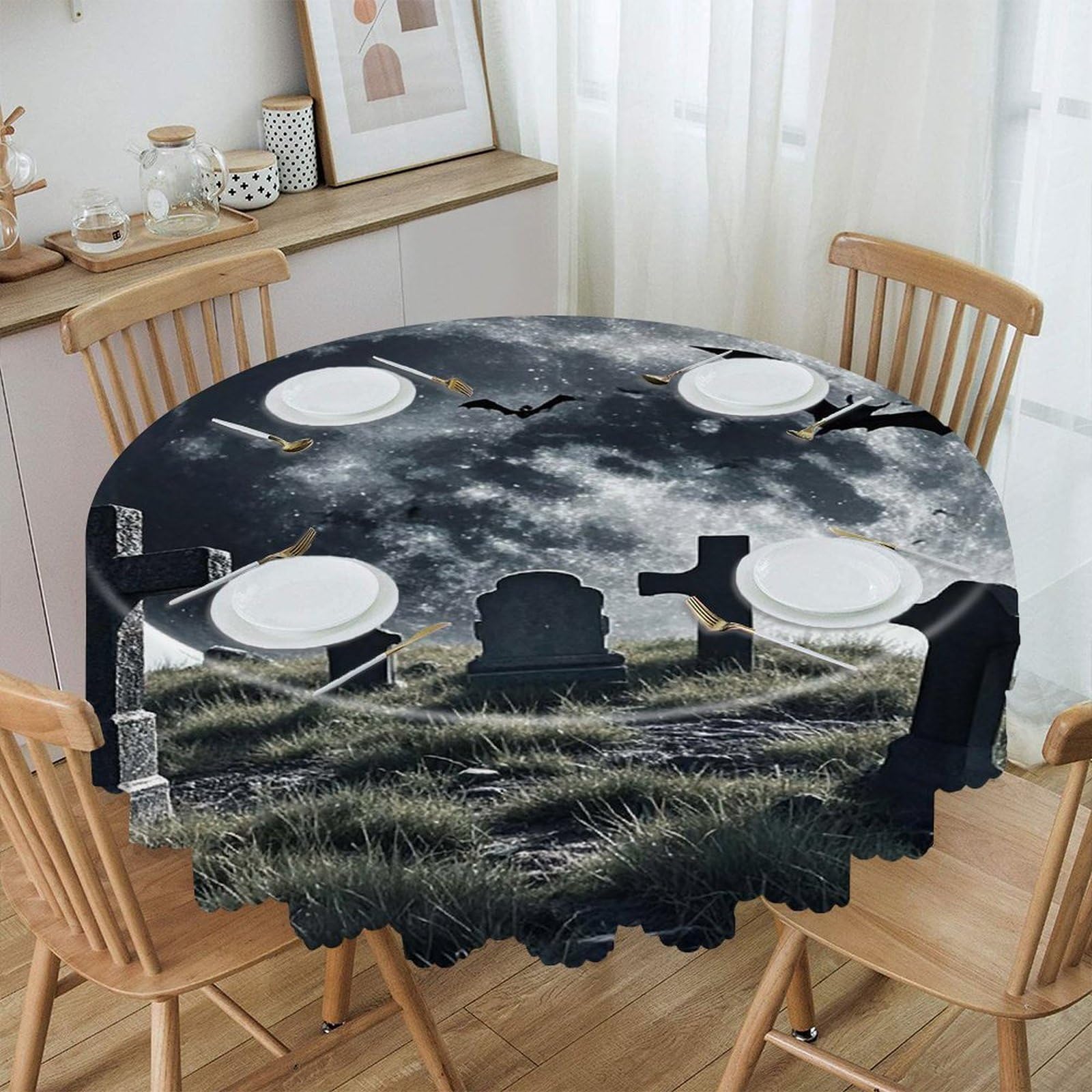 VstaDank Above The Cemetery Round Tablecloth 60 Inch Easy to Clean Circle Table Cover Thick Decorative Round Polyester Table Cloth for Dining Kitchen Party Farmhouse Outdoor