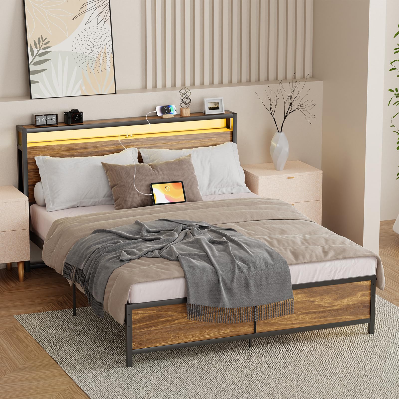 ZevemomoQueen Bed Frame with Storage Headboard & Charging Ports, Queen Platform Bed Frame with Remote & APP Control LED Lights, Heavy Duty Metal Bed Frame, No Box Spring Needed, Noise Free