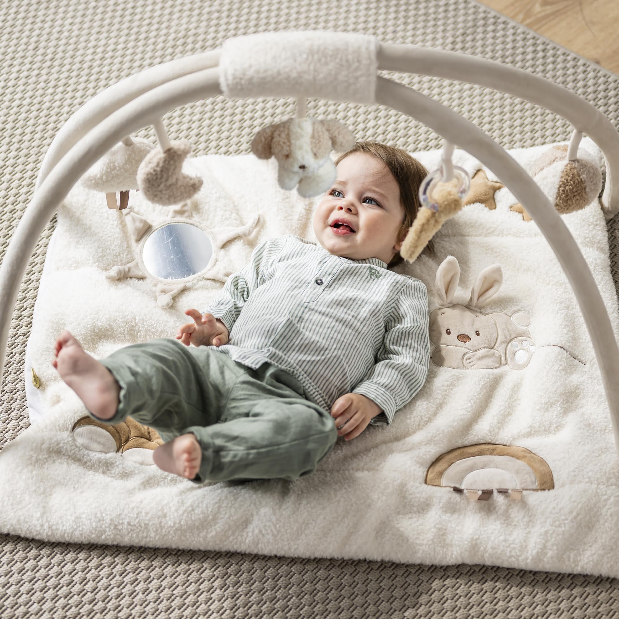 Nattou Coperta per Gattonare con Arco di Gioco e Varie Attività, Circa 70x80 cm, Rettangolare, 100% Poliestere, Teddy, Beige