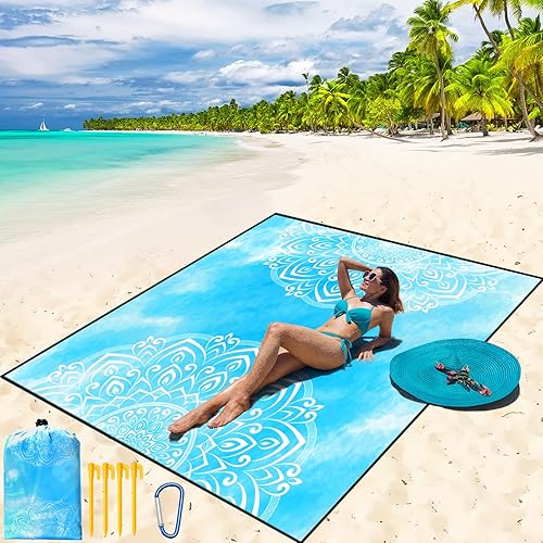 Miniatura 38 de Manta de playa impermeable a prueba de arena tapete de playa 79" X 83"/10'x9' para 2-8 adultos, de secado rápido, tapete de picnic al aire libre,