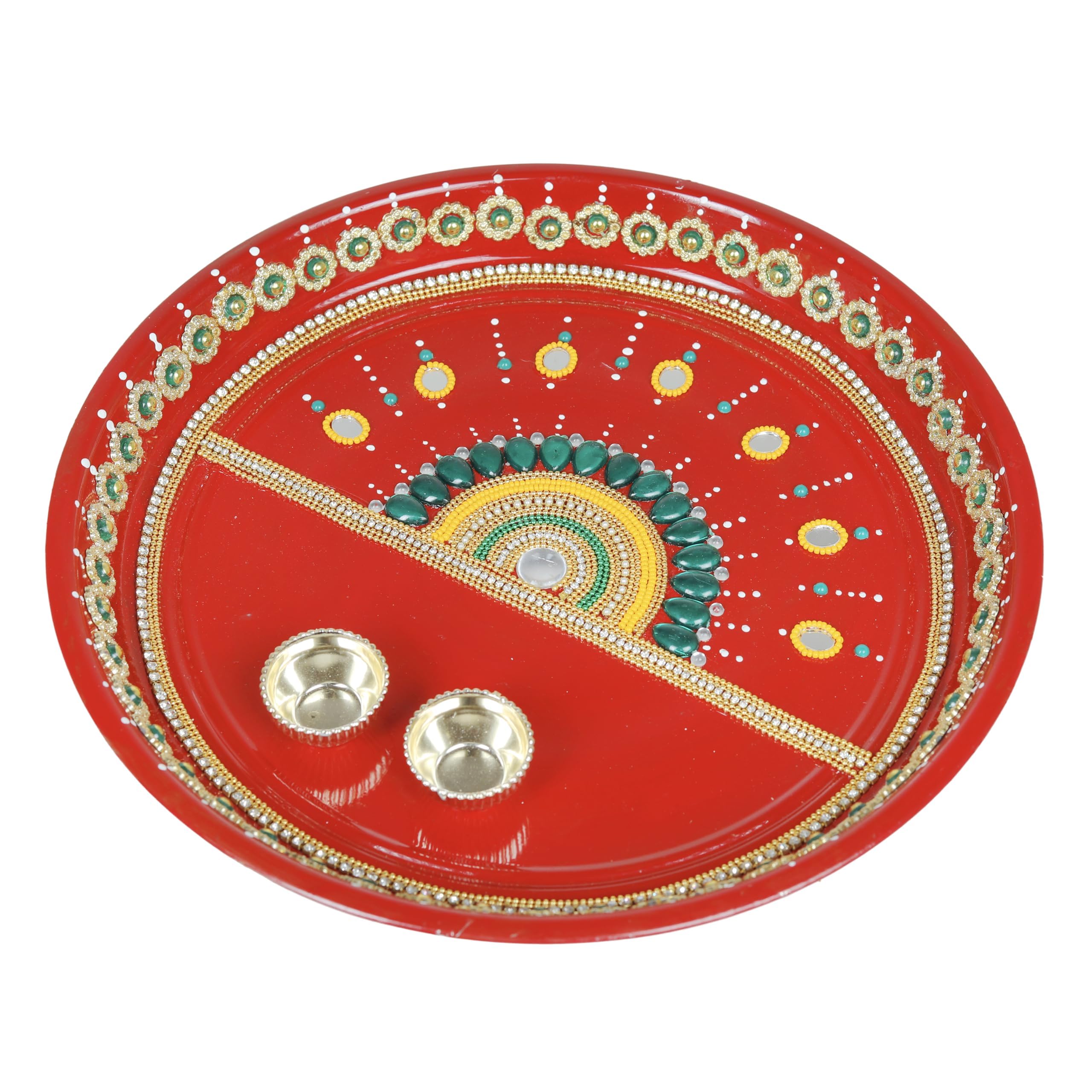 Handcrafted Pooja Thali Platter Engagement Plate Decorative Stainless Steel Thali with Essential Pooja Article for Indian Traditional Karwachauth Navratri Festival Puja Item Decoration(Size-10)(Red)