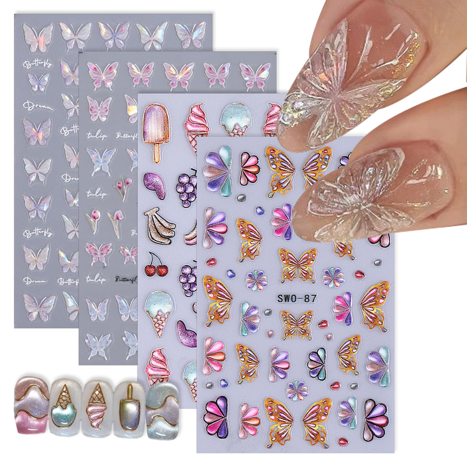 4 Sheet Colorful Embossed Nail Stickers Decals, 5D Butterfly Fruit Nail Decals, Self-Adhesive Butterfly Flower Fruit Ice Cream Nail Art Stickers for