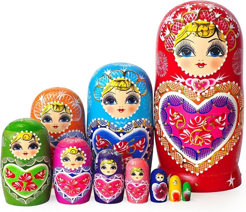 Russian Nesting Dolls, Colorful Heart Wooden Set, 10 Pcs | Colorful Heart Design, Wooden 10-Piece Set, Stackable Display Decor, Gift for Kids, Adults and Collectors