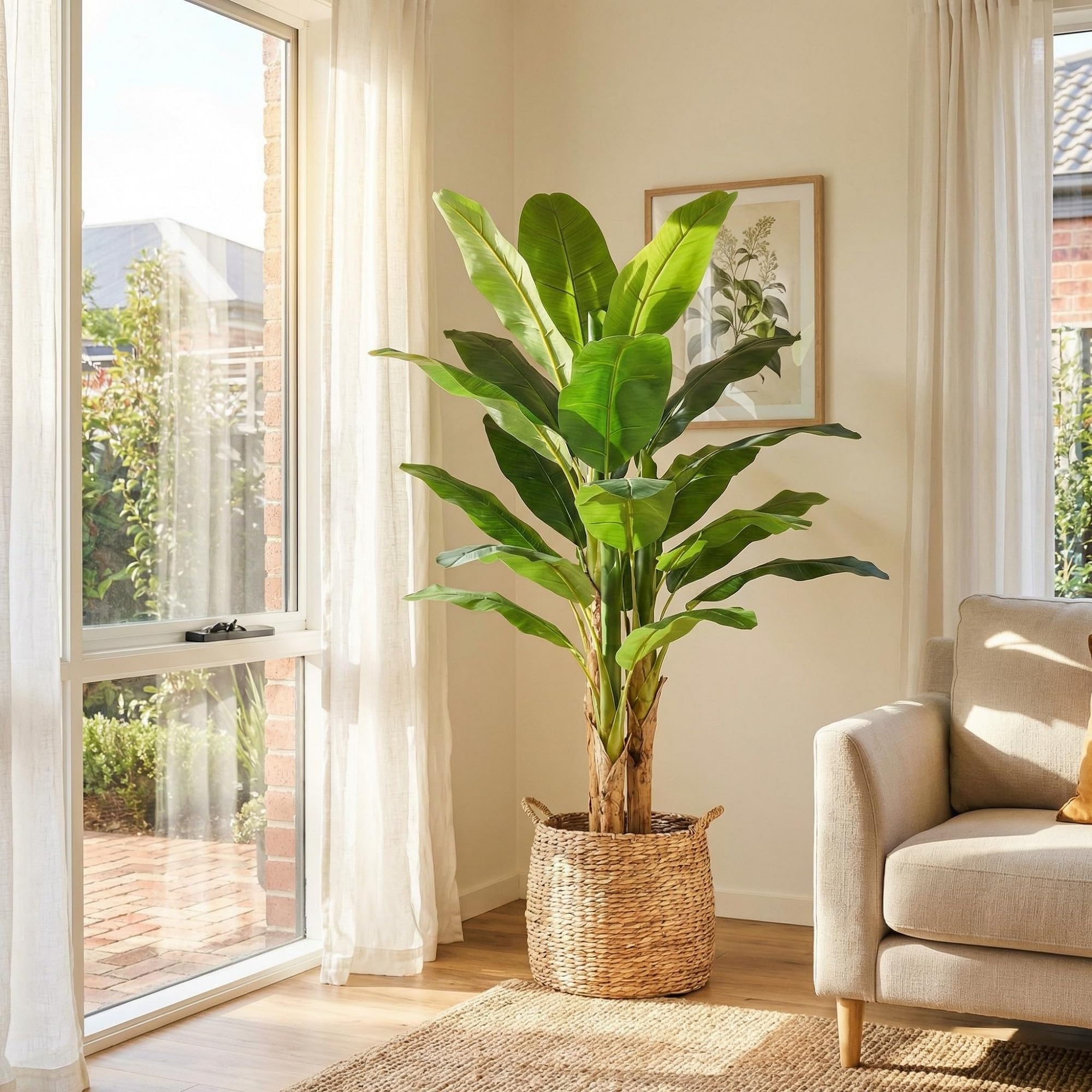 Künstliche Bananenpflanze 180cm, Mit 21 Blättern & Stamm Aus Naturholz Im Grauen Pflanzkübel, Bananenbaum Kunstpflanze Groß Wie Echt Für Wohnzimmer Büro Garten Badezimmer Deko