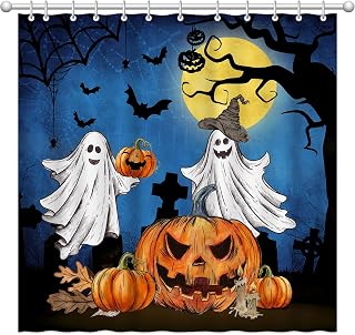 pinata Halloween Shower Curtain for Bathroom, Halloween Bathroom Decor, Ghost Shower Curtain Pumpkins Bath Curtains with Hooks 72x72