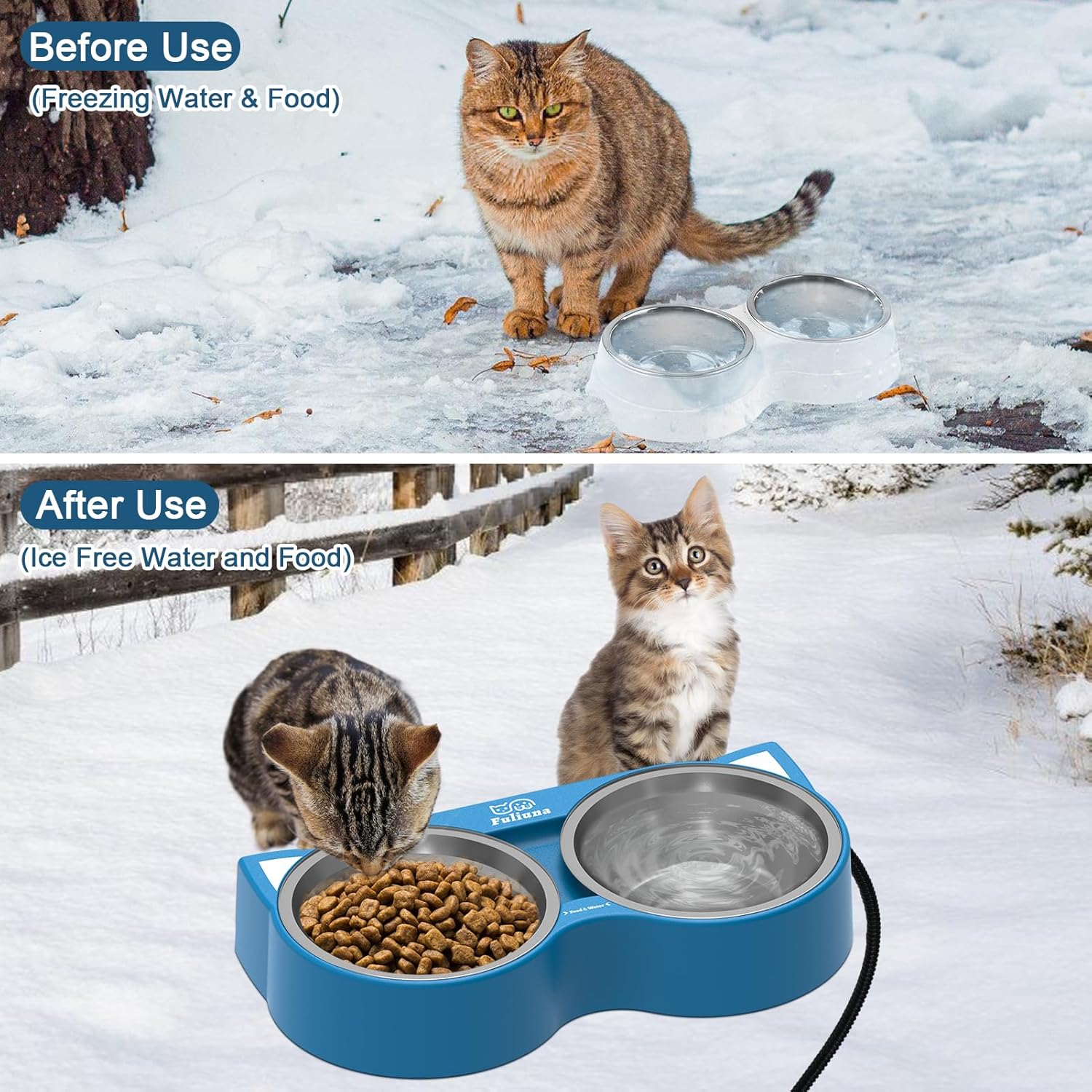Heated Cat Bowl for Outdoor Cats in Winter, Heated Water Food Bowl with 2 Stainless Steel Bowls 23 OZ Each, Waterproof Heated Pet Bowl for Outside Cat Dog Bird, No More Frozen Food or Water.