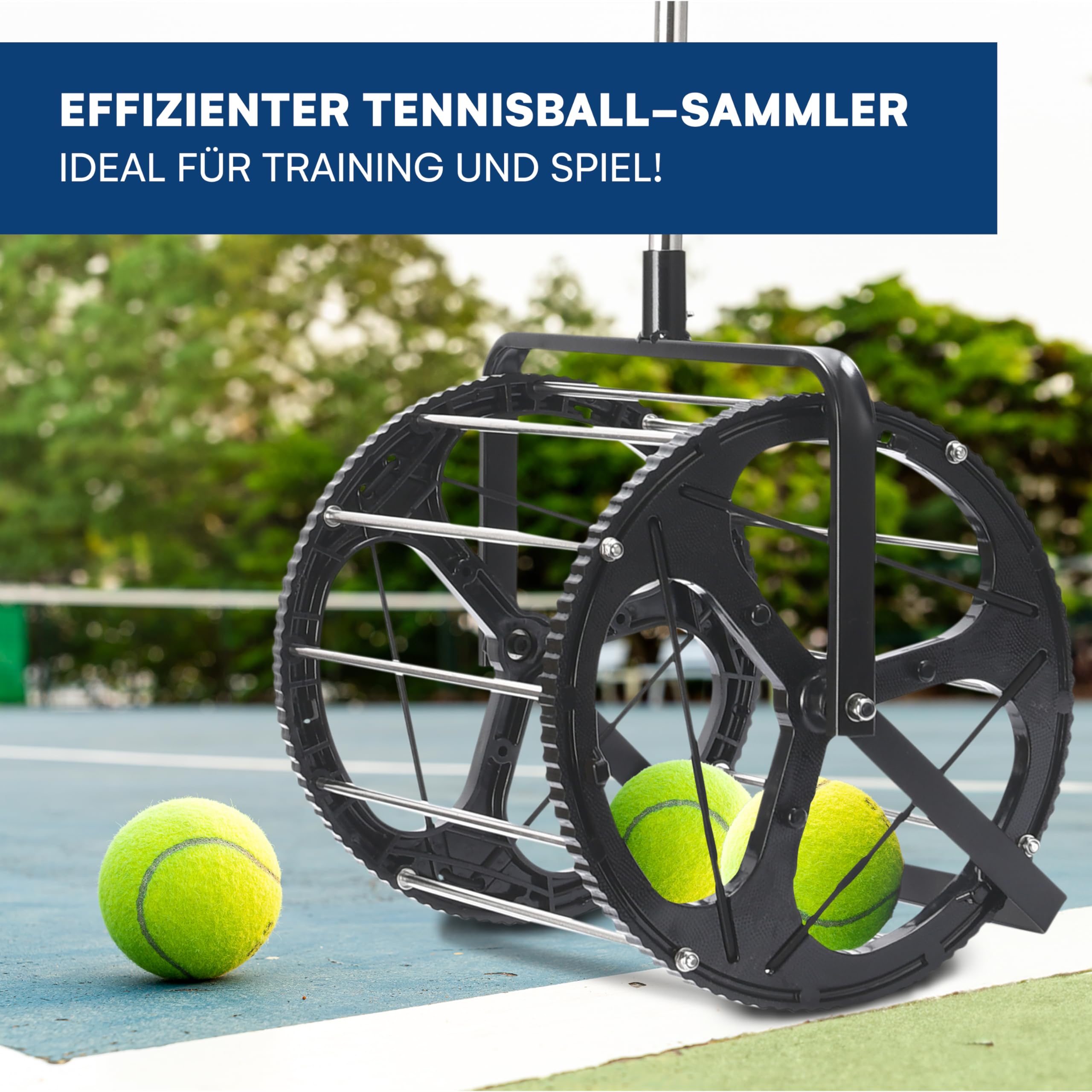 Effekt Manufaktur Rouleau de balle de tennis - Capacité de 50 balles - Barre télescopique réglable en métal - Convient pour toutes les surfaces - Noir avec poignée bleue - 34,2 x 109,5 cm