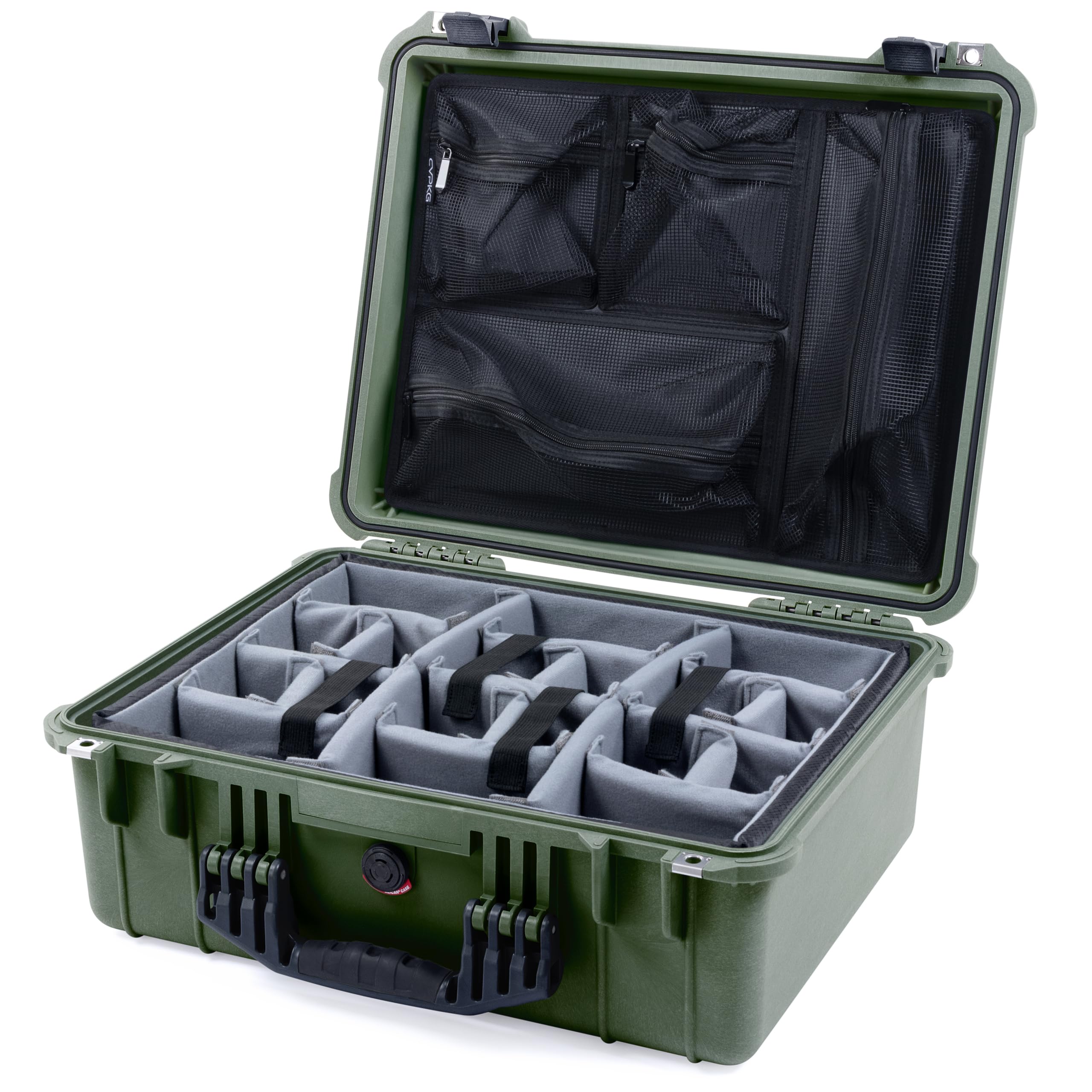 Pelican 1550 Case by ColorCase - OD Green - Medium Size Waterproof Case with Grey Padded Dividers & Mesh Lid Organizer - Black Handles & Latches