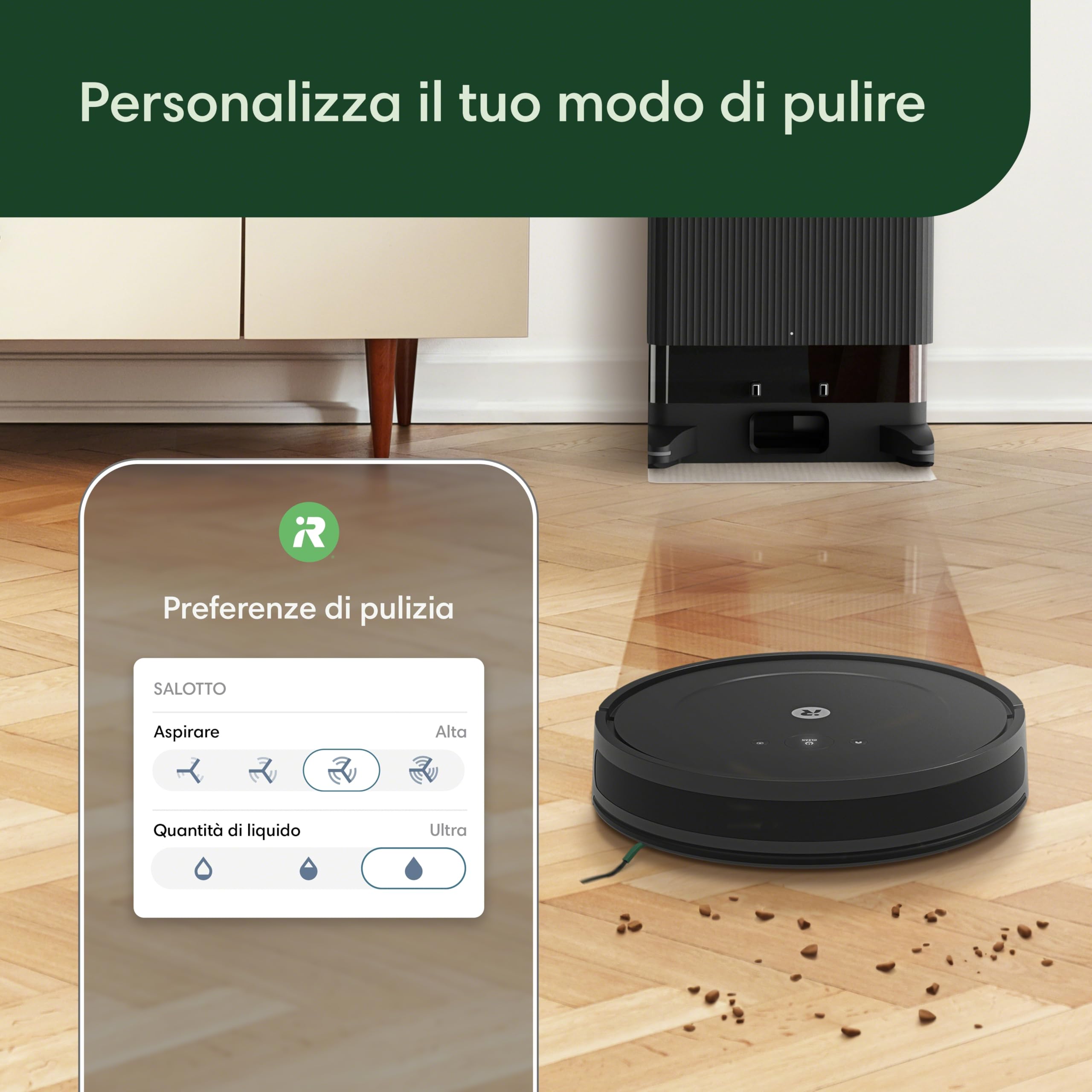 iRobot Roomba Combo 2 Essential con Stazione di Svuotamento Automatico, Robot Aspirapolvere Lavapavimenti, Sistema di Pulizia a 4 Stadi e 4 Livelli di Aspirazione, Controllabile tramite App, Nero