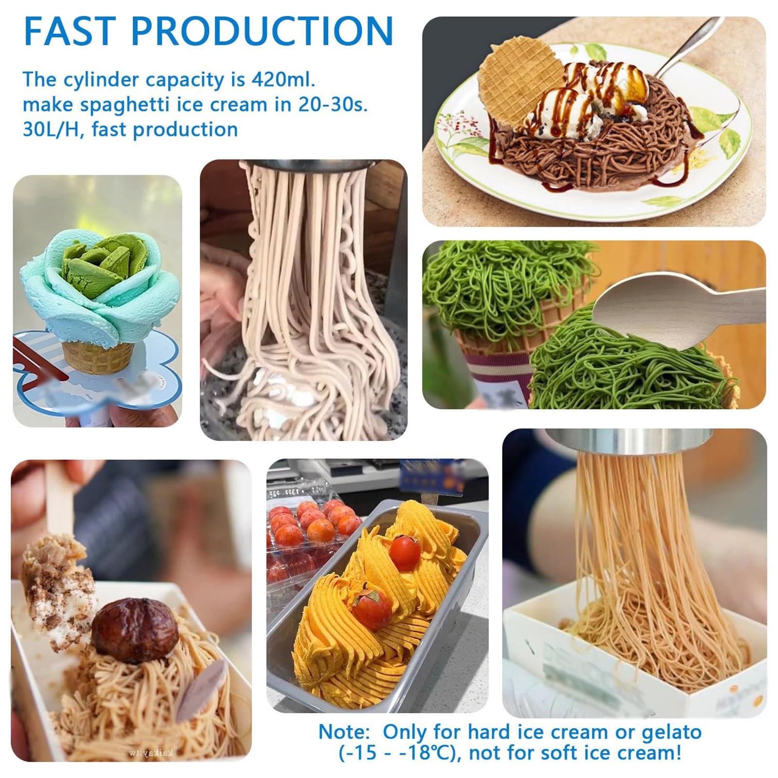 Elektrische Spaghetti-Eismaschine, 80 W mit 4 Formen, 420 ml Trichter, produziert 20 - 20 Liter/h, ideal für Eis- und Dessertläden