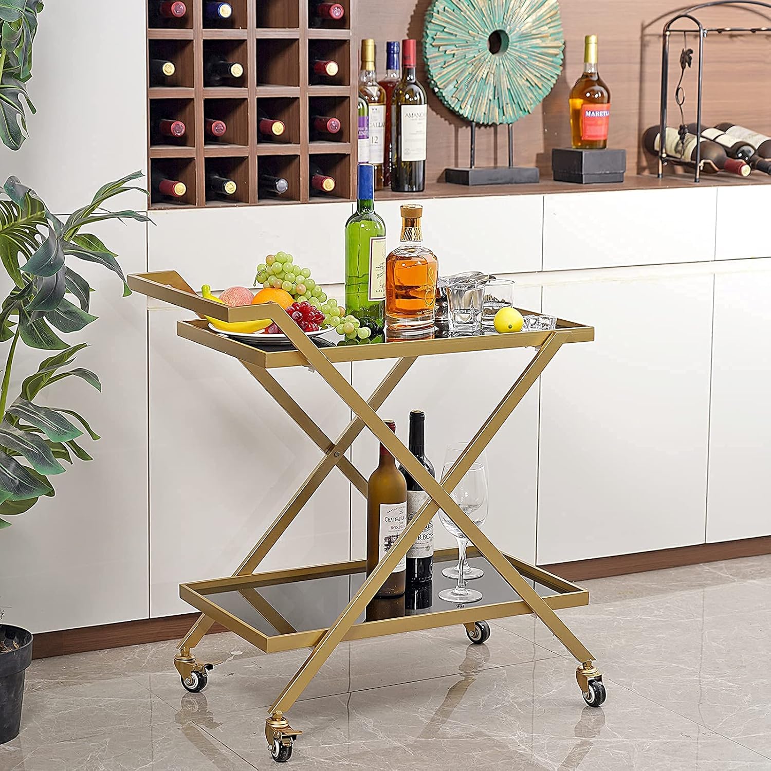 Crofy Gold Finish Bar Cart on Wheels, No-Tool Assembly 2-Tier Serving Cart with Black Tempered Glass Shelves & Locking Casters - Mobile Snack/Drink Cart for Home Bar, Kitchen, Parties
