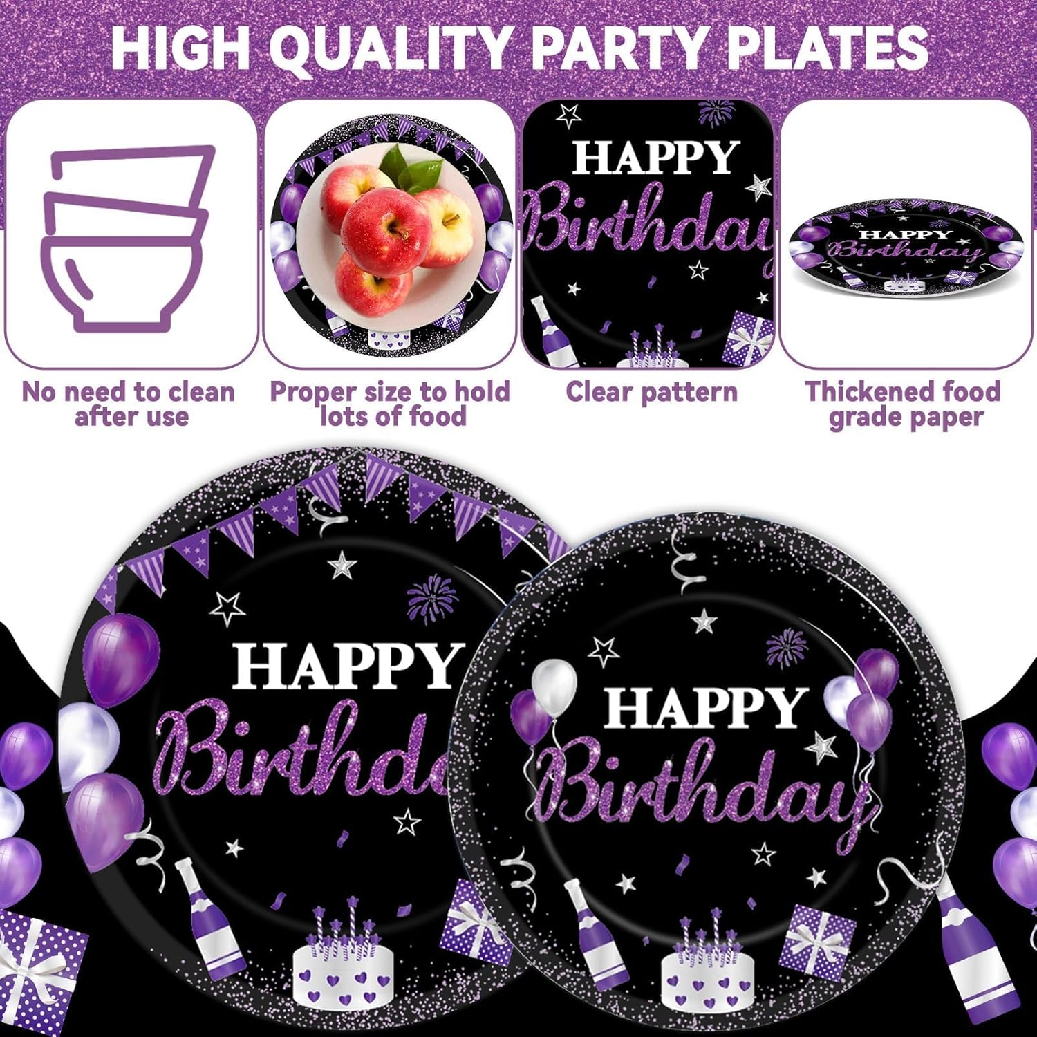 200Pcs Purple and Black Birthday Decorations Happy Birthday Party Supplies Tableware Set Purple Black Disposable Paper Plates Napkins Dinnerware for Women Girl Men Party Baby Shower Decor Serve 50