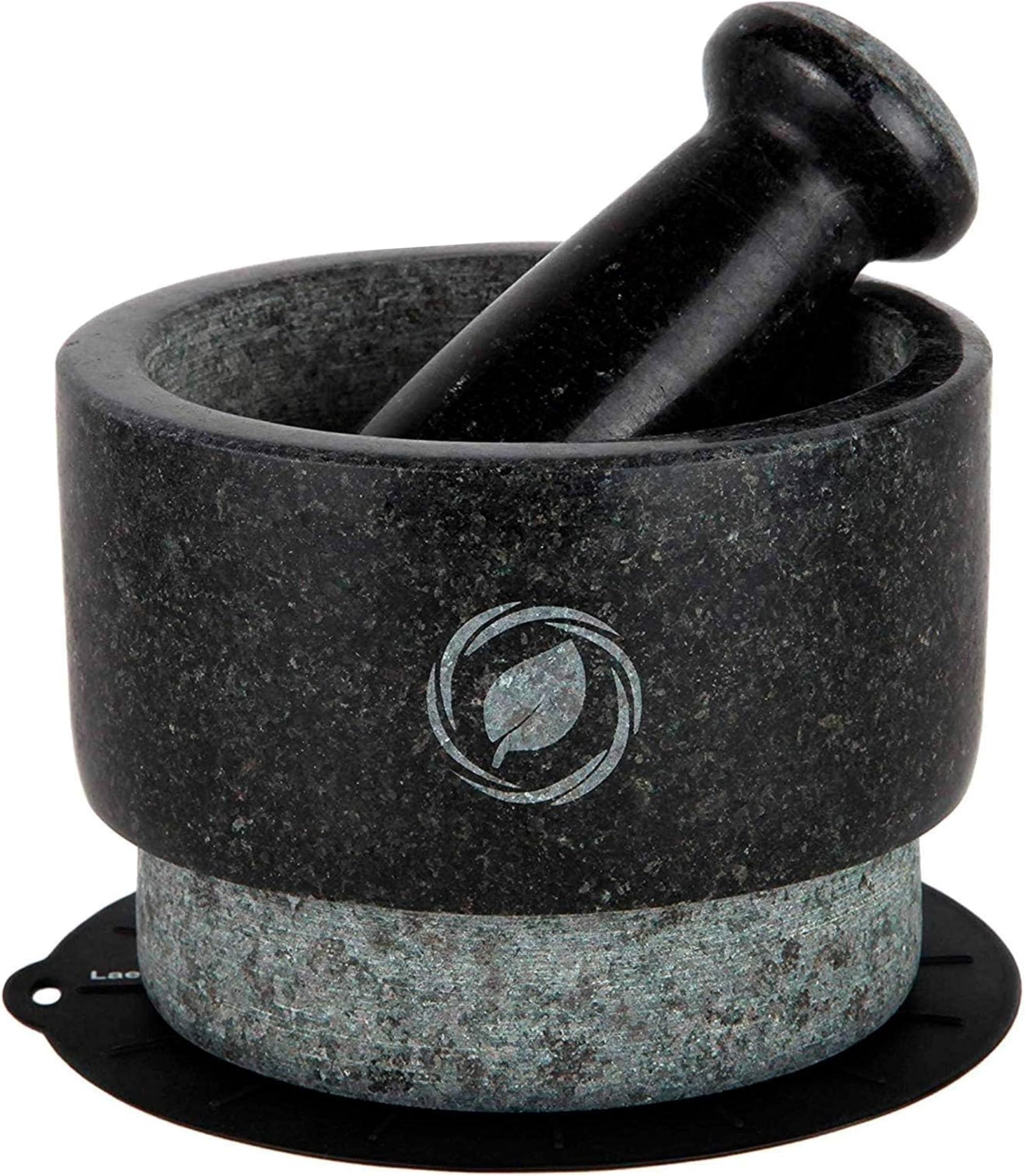 Laevo Mortar and Pestle Large Set - Black Granite Stone Spice Grinder, 2.1 Cup Capacity, 5.5 Inches - Reversible Molcajete Mexicano - Guacamole, Spices - Large Mortar and Pestles Set