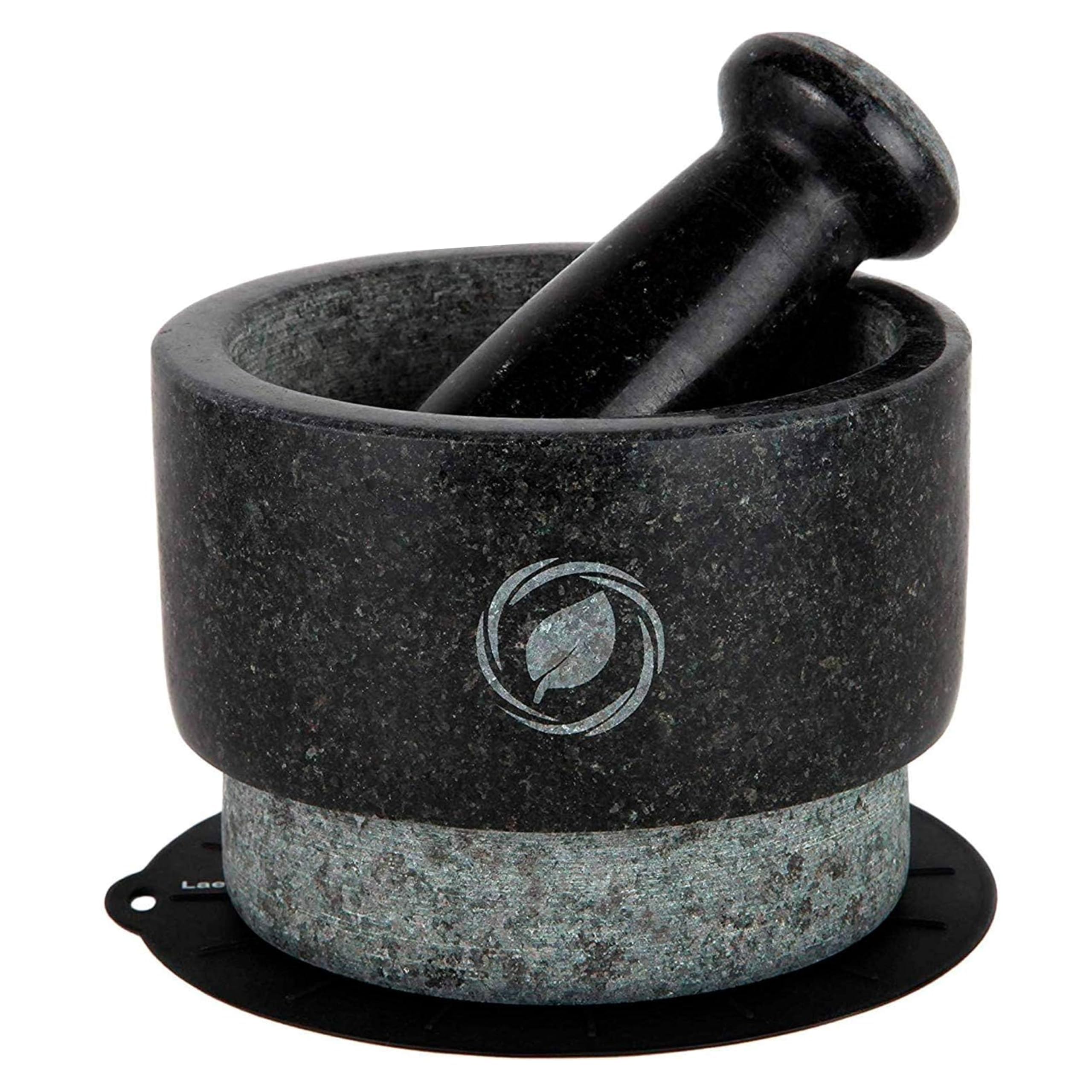Laevo Mortar and Pestle Large Set - Black Granite Stone Spice Grinder, 2.1 Cup Capacity, 5.5 Inches - Reversible Molcajete Mexicano - Guacamole, Spices - Large Mortar and Pestles Set
