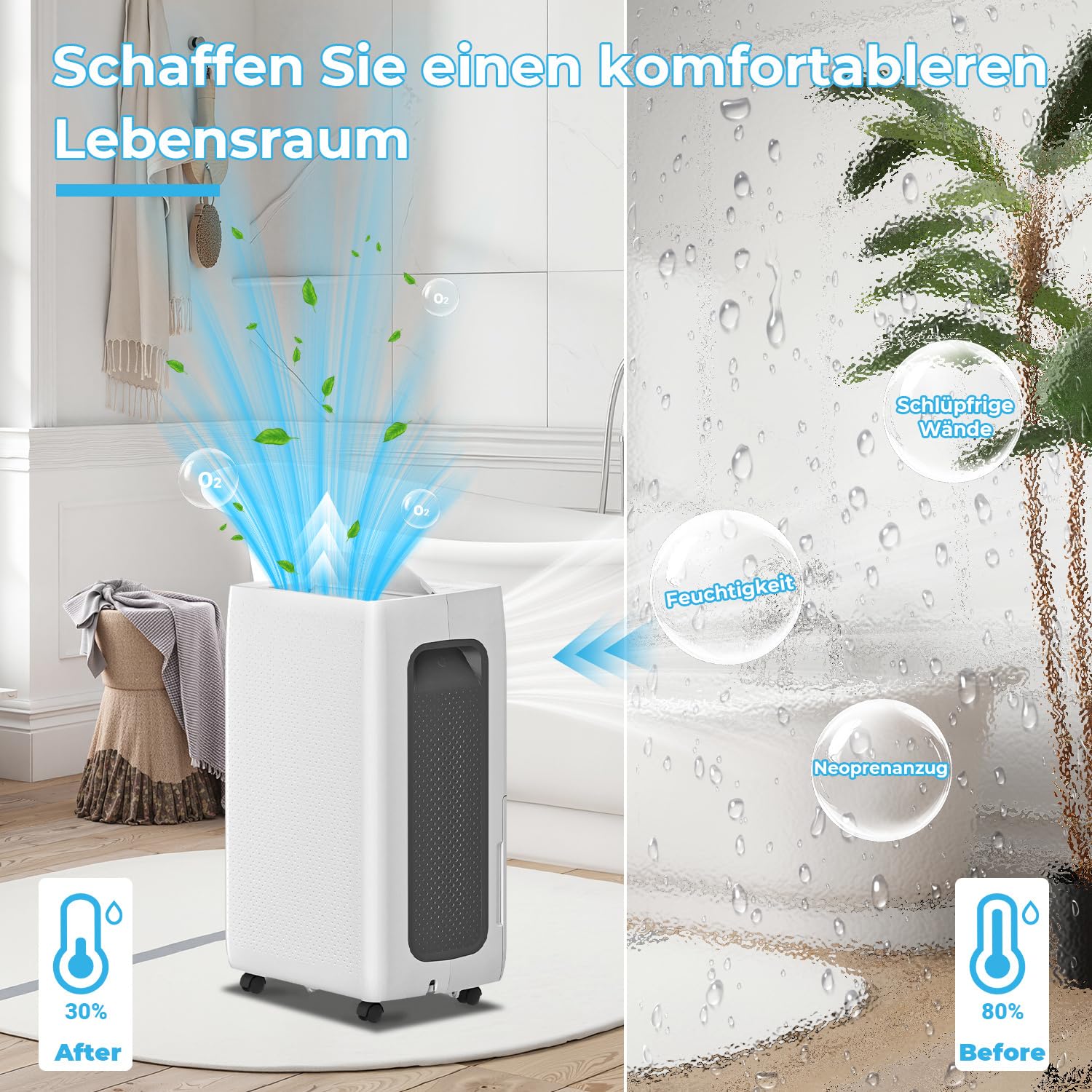 Elektryczny osuszacz powietrza, 26 l/24 h, wielkość pomieszczenia ok. 80 m³ (40 m²), cichy osuszacz powietrza, timer 24 h, zbiornik na wodę 4,3 l, osuszacz pomieszczeń do piwnicy, mieszkania