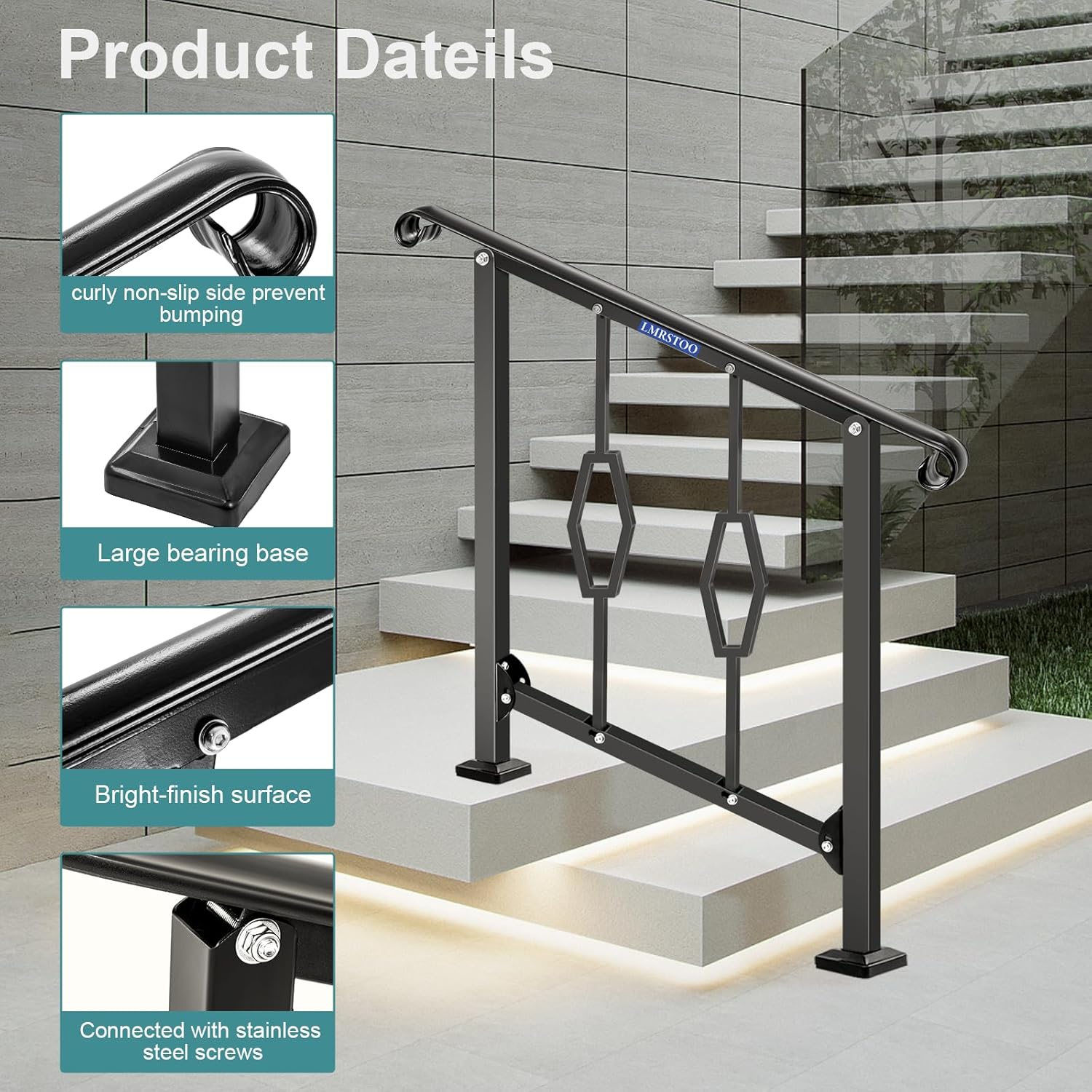 Handrails for Outdoor Steps, Fit 2 or 3 Steps Outdoor Stair Railing, Black Wrought Iron Handrail for Concrete Steps or Wooden Stairs (2-3 Step Rhombus)