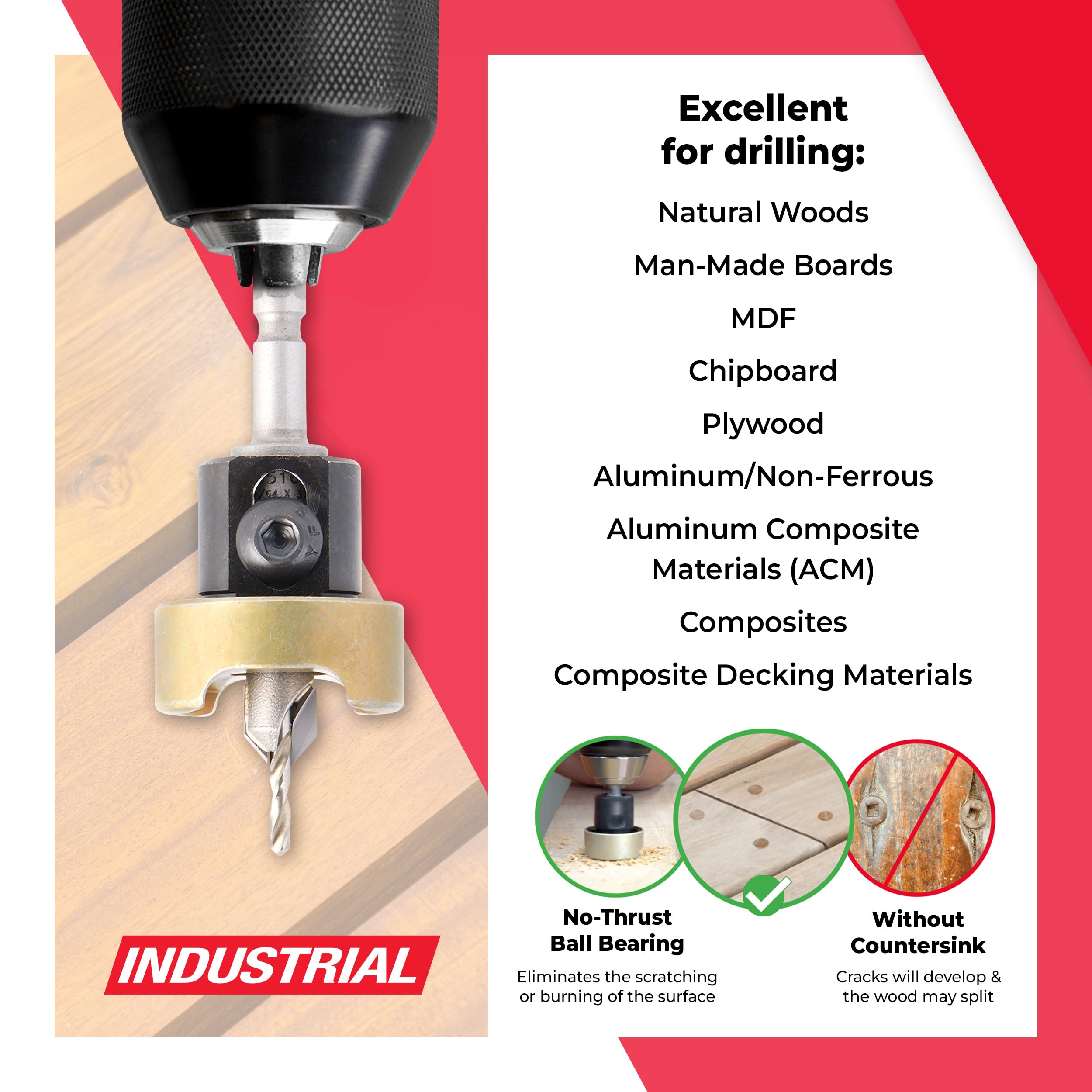 Amana Tool 55162 Hartmetallbestückter 82-Grad-Kegelsenker mit einstellbarem Tiefenanschlag und No-Thrust BB für Festool CENTROTEC System 3/8 D x 7/64 Bohrer D