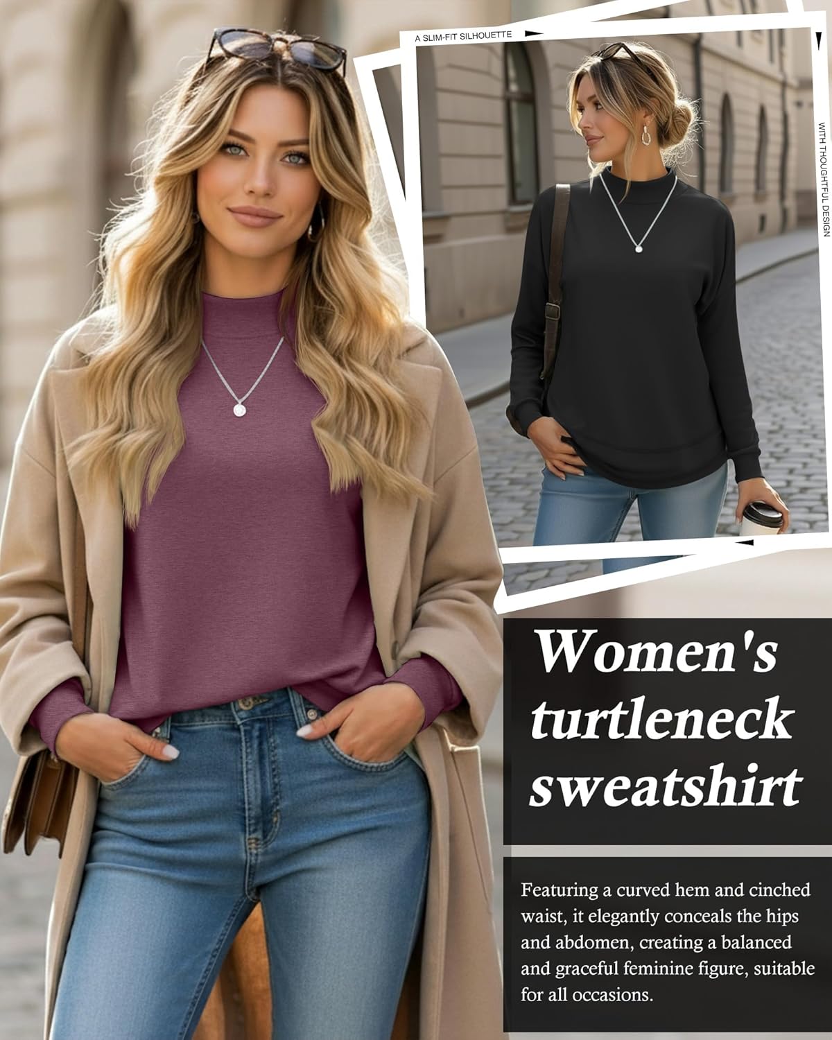 3 Pack Women's Mock Neck Sweatshirts Cotton Long Sleeve Tunic Pullover Loose fit Curved Hem Lightweight Shirts - Image 4