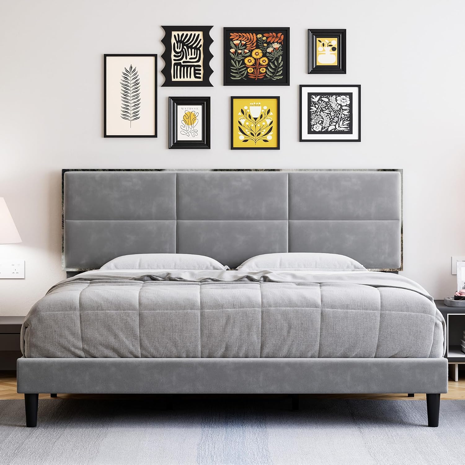 Full Bed Frame Upholstered Platform, Bed Frame with Square Velvet Headboard, Wooden Slats Support, Non-Slip and Noise-Free, No Box Spring Needed, Easy Assembly - Light Gray