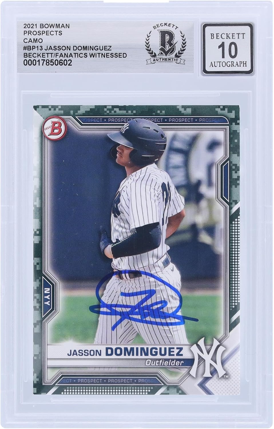 Jasson Dominguez New York Yankees Autographed 2021 Topps Bowman Camo Prospects #BP-13 Beckett Fanatics Witnessed Authenticated 10 Card - Baseball Slabbed Autographed Cards